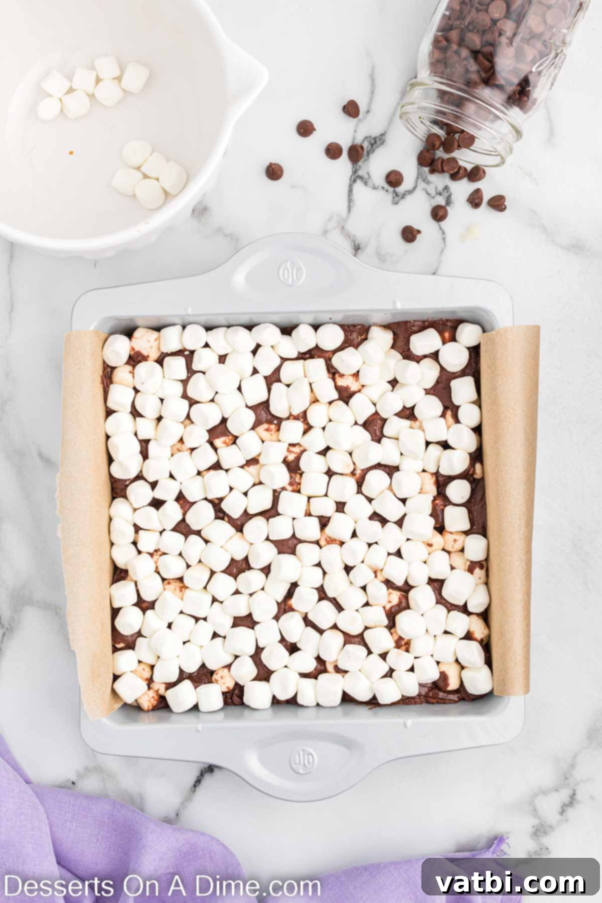 Decadent Hot Chocolate Fudge 9 Marshmallows on top of fudge.