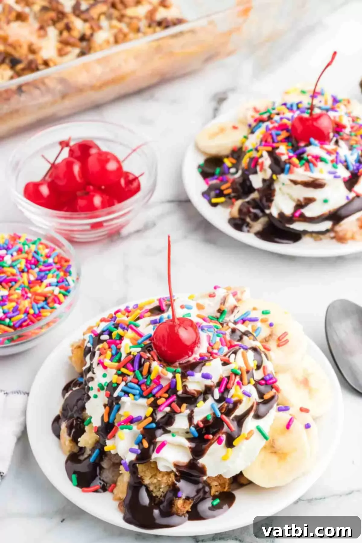 Decadent Banana Split Dump Cake 2 Banana split dump cake in a bowl.