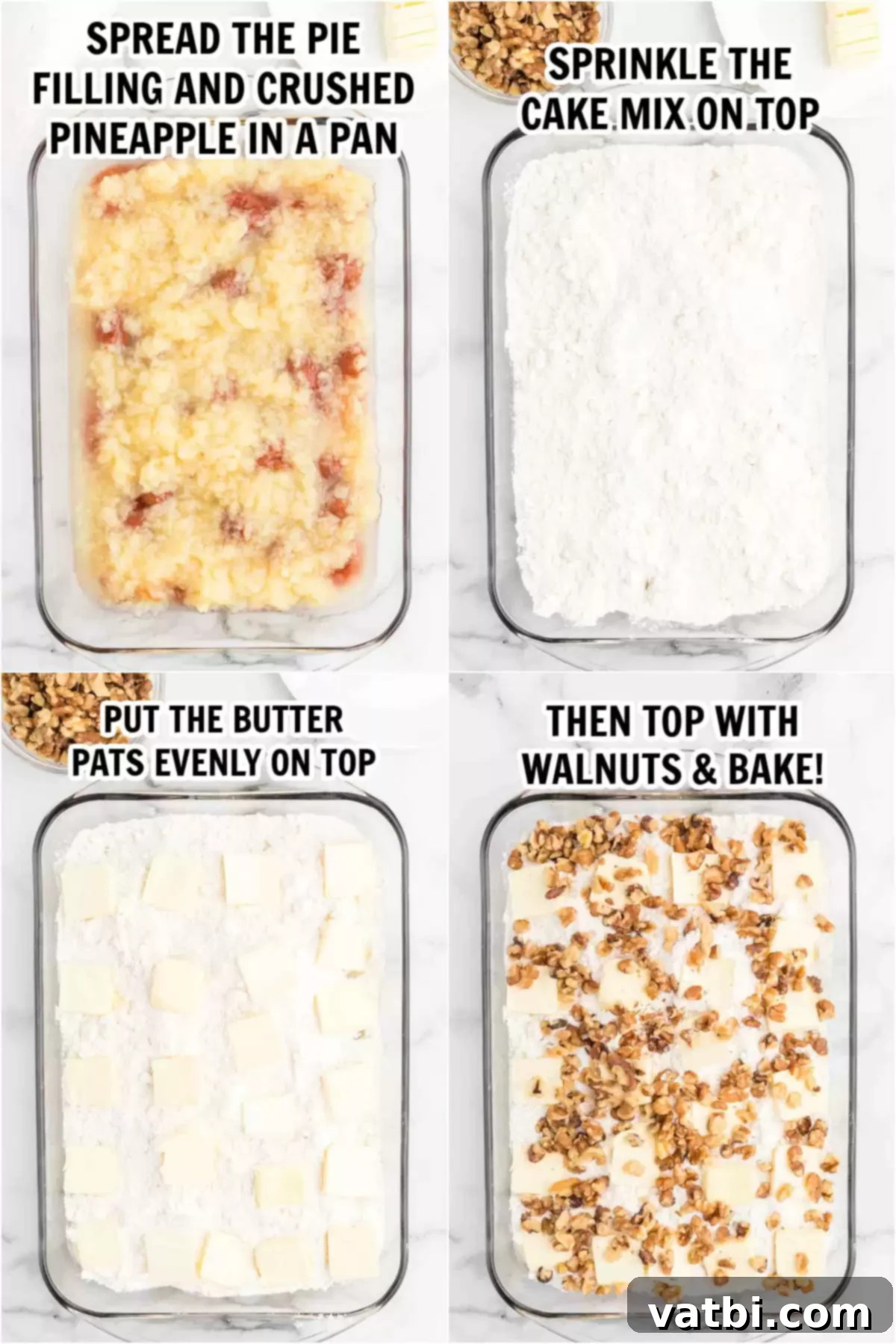 Decadent Banana Split Dump Cake 4 Process photos of ingredients in baking dish.