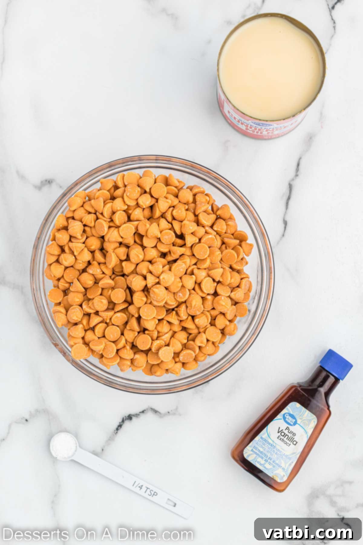 Luscious Butterscotch Dream 3 Essential ingredients for easy butterscotch fudge: butterscotch chips, sweetened condensed milk, vanilla extract, and salt.