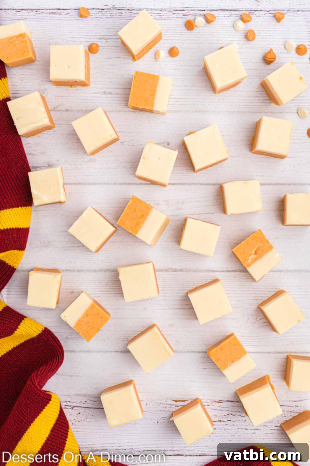Magical Butterbeer Fudge 11 The finished Butterbeer Fudge, completely chilled and neatly cut into individual squares, perfectly showcasing the two layers and ready for serving.