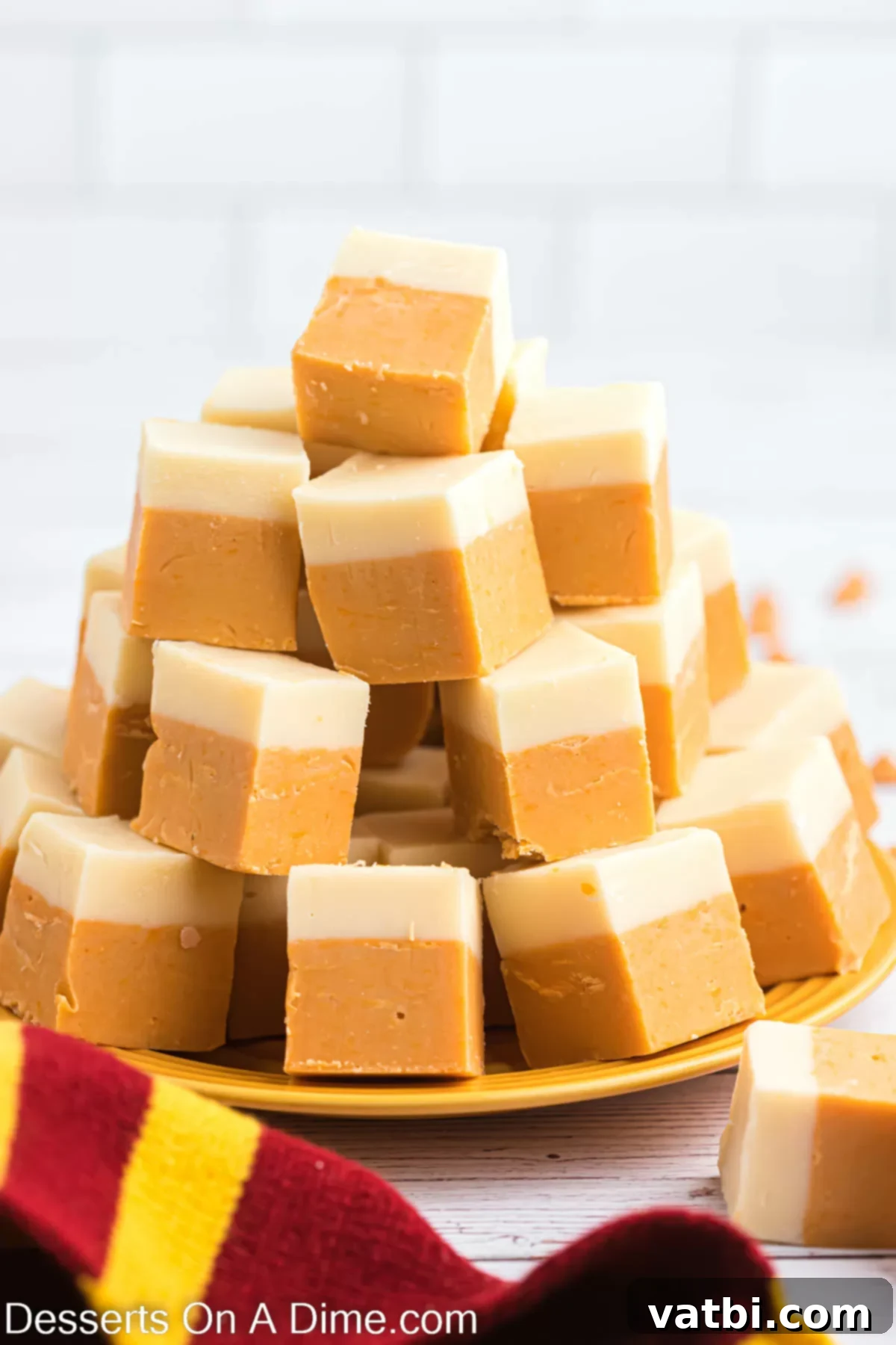 Magical Butterbeer Fudge 12 A close-up view of neatly cut Harry Potter butterbeer fudge squares, clearly displaying the two distinct layers: golden butterscotch on the bottom and creamy vanilla on top.