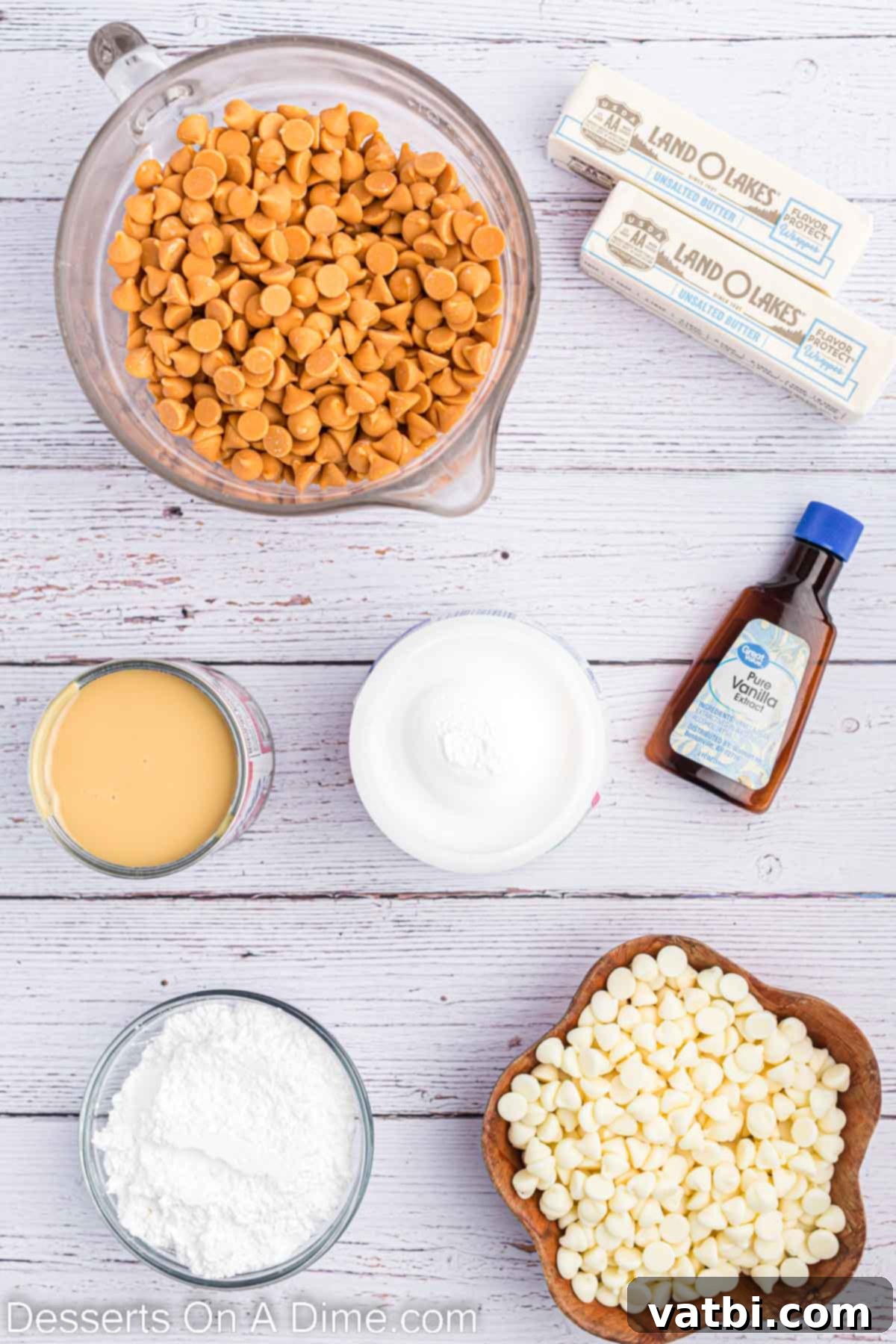 Magical Butterbeer Fudge 3 A selection of essential ingredients laid out for Harry Potter butterbeer fudge, including butterscotch chips, sweetened condensed milk, powdered sugar, butter, marshmallows, and white chocolate chips, all ready for the recipe.