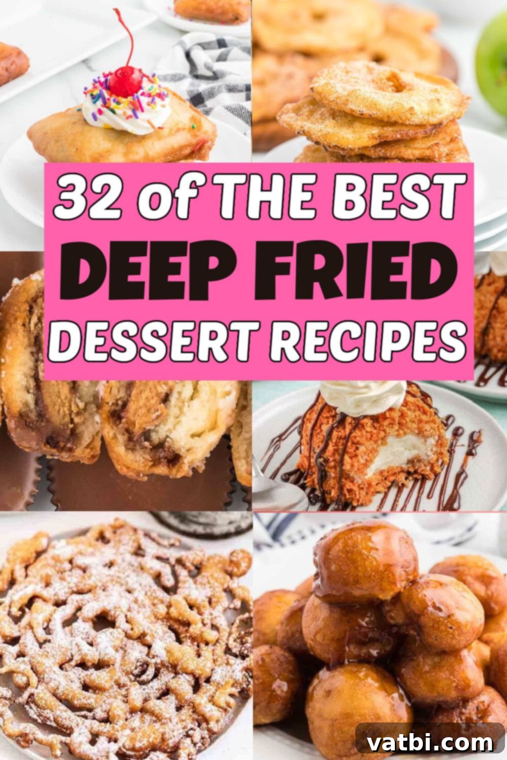Golden Fried Delights 2 A vibrant collection of various deep fried desserts, showcasing their golden-brown perfection and tempting toppings like powdered sugar, whipped cream, and chocolate drizzles. Features items like funnel cakes, fried Oreos, and apple fritters arranged artfully.