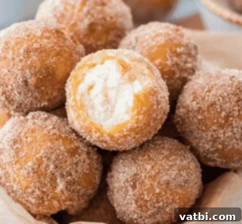 Golden Fried Delights 6 A bowl filled with golden-brown, yeast-free donut holes, generously dusted with powdered sugar, perfect for a quick breakfast or dessert.