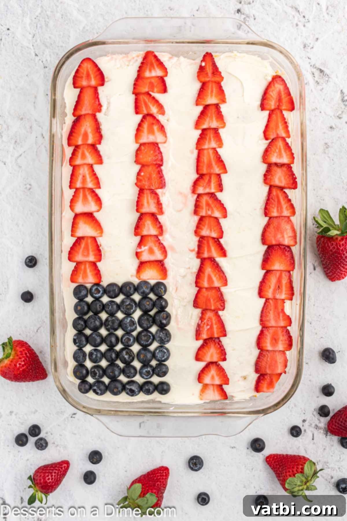 Stars and Stripes Dessert 8 Finished American Flag Cake with all fruit arranged.