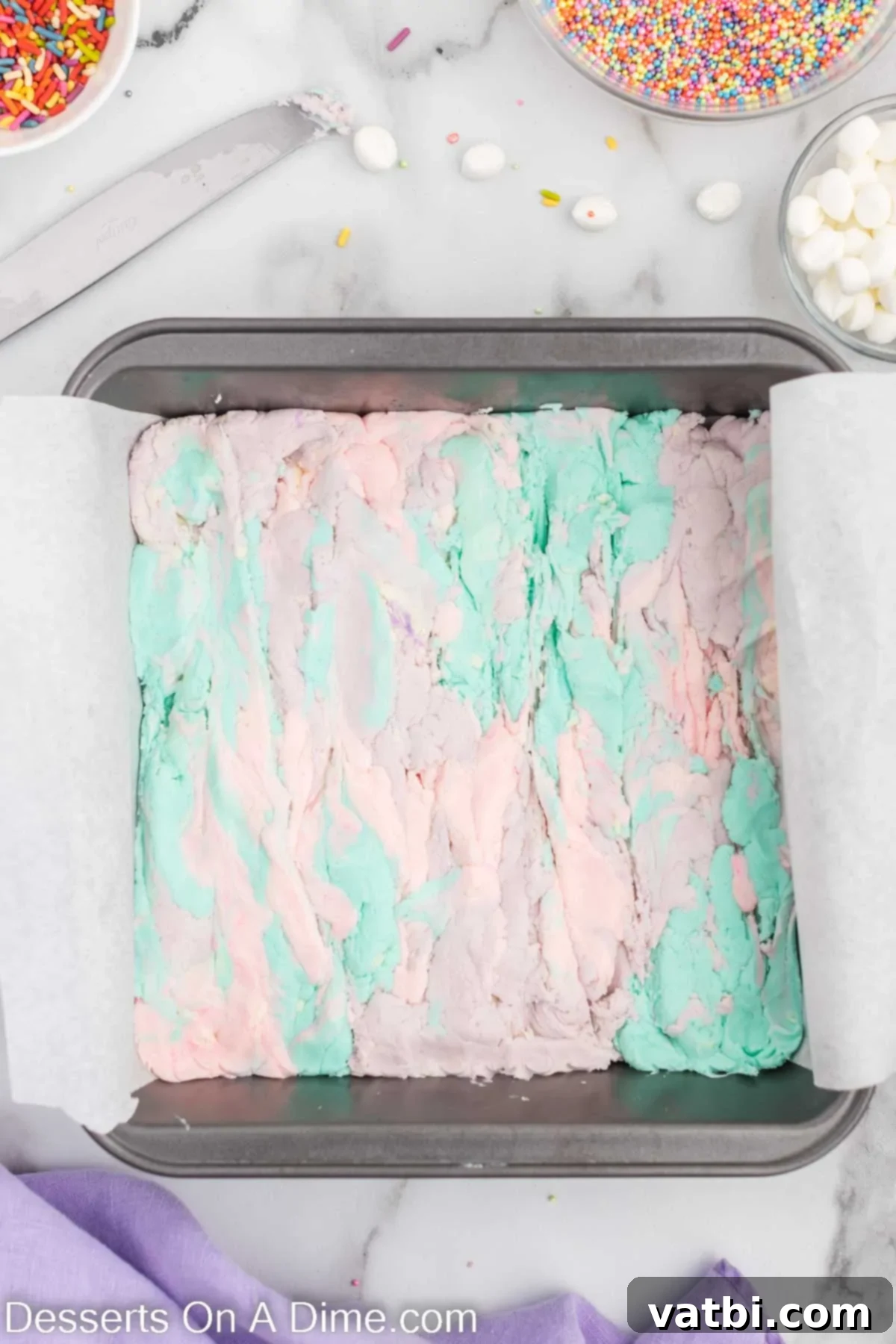 Rainbow Unicorn Fudge 8 Fudge swirled back and forth to create a pattern.