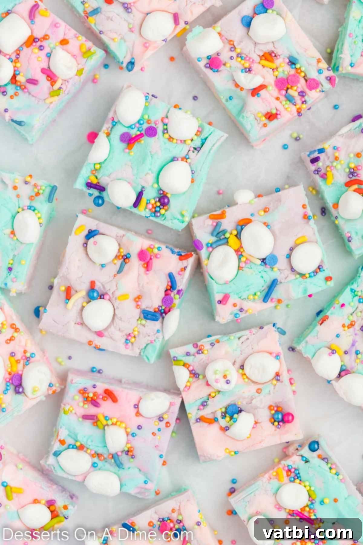 Rainbow Unicorn Fudge 10 Unicorn Fudge cut into pieces.