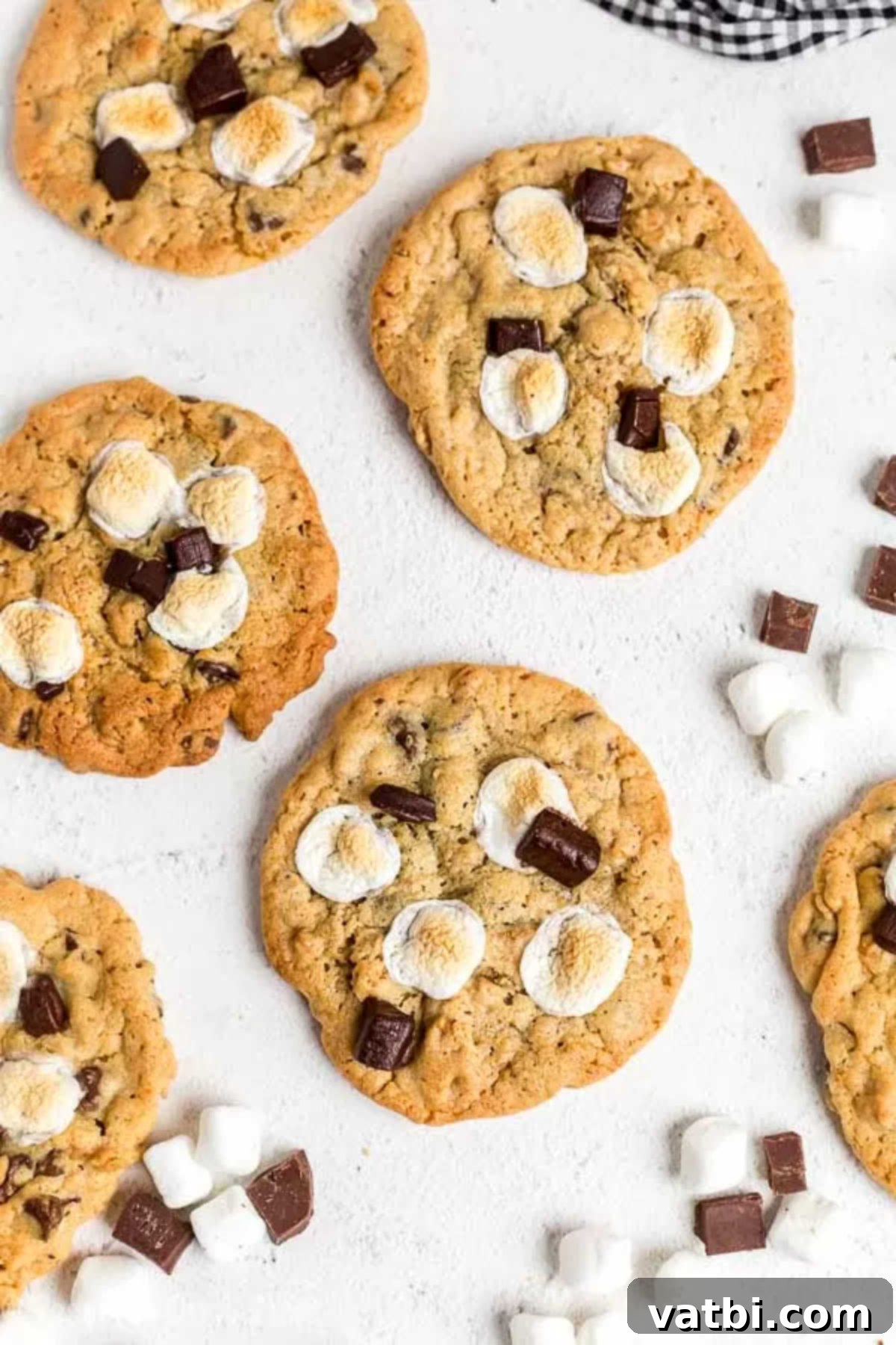 Campfire S'mores Cookies 5 Warm cookies topped with mini marshmallows and pieces of chocolate.