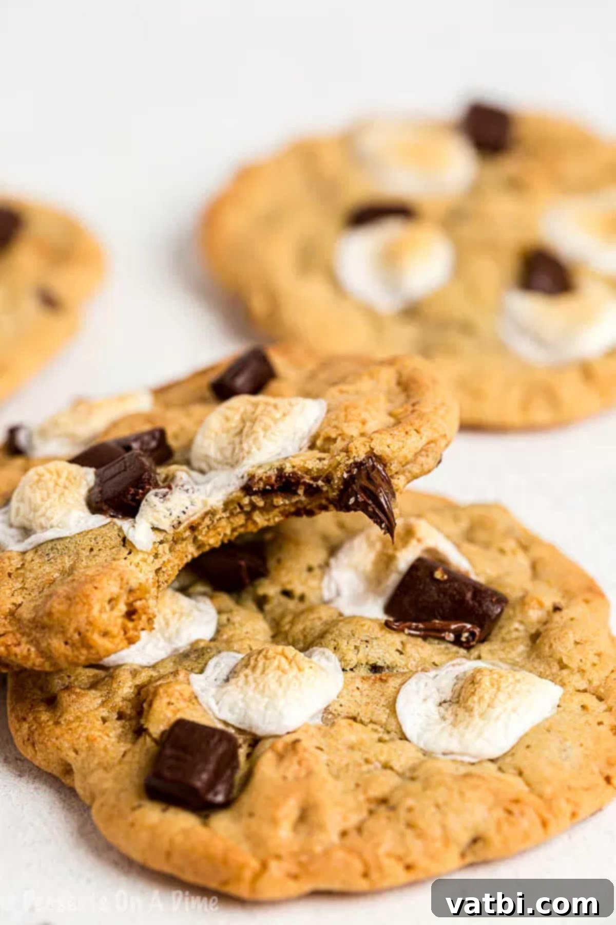Everything you love about s'mores is packed into this tasty S'mores Cookies Recipe. Each bite is ooey gooey with lots of chocolate, marshmallows and more! Close up image of s'mores cookies, highlighting the melted chocolate and golden-brown marshmallows.