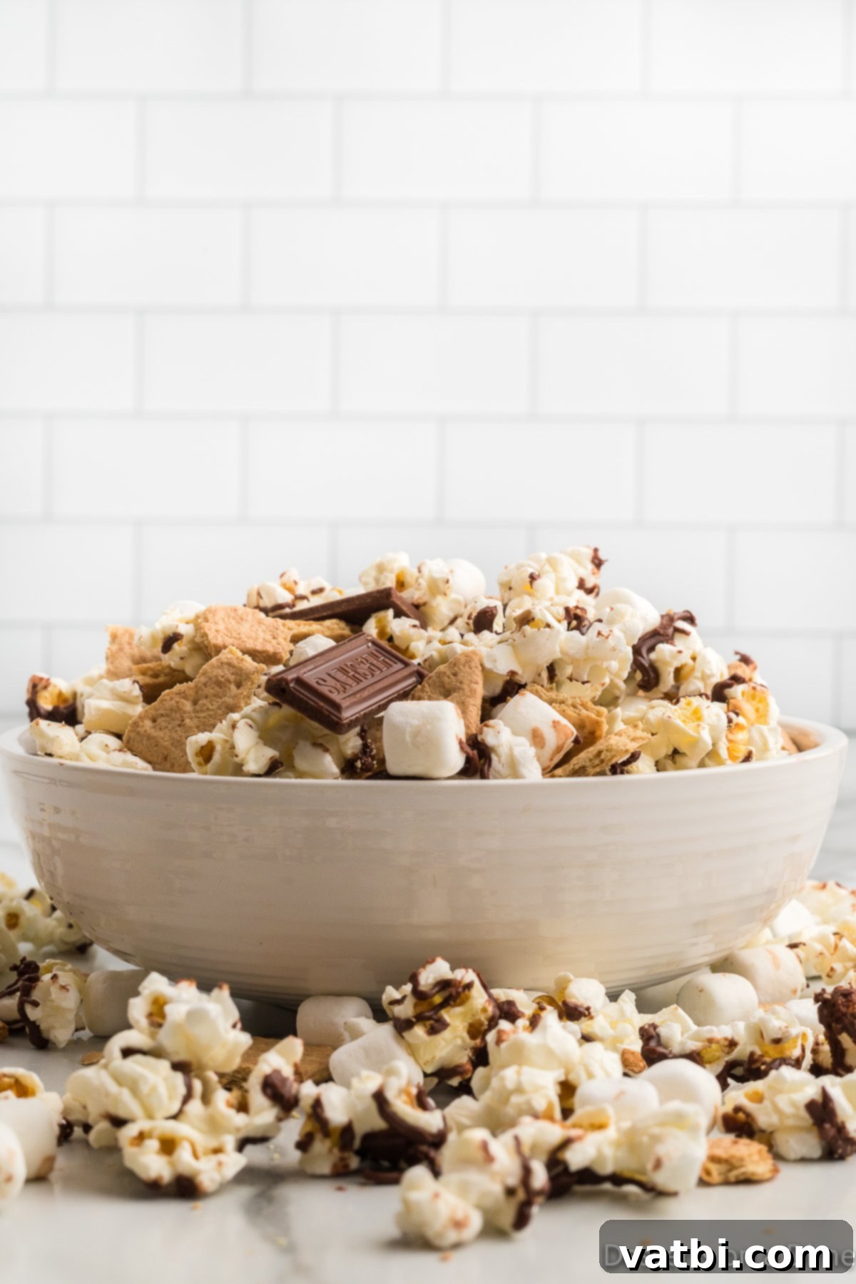 A large bowl brimming with finished S'mores Popcorn, ready for serving.