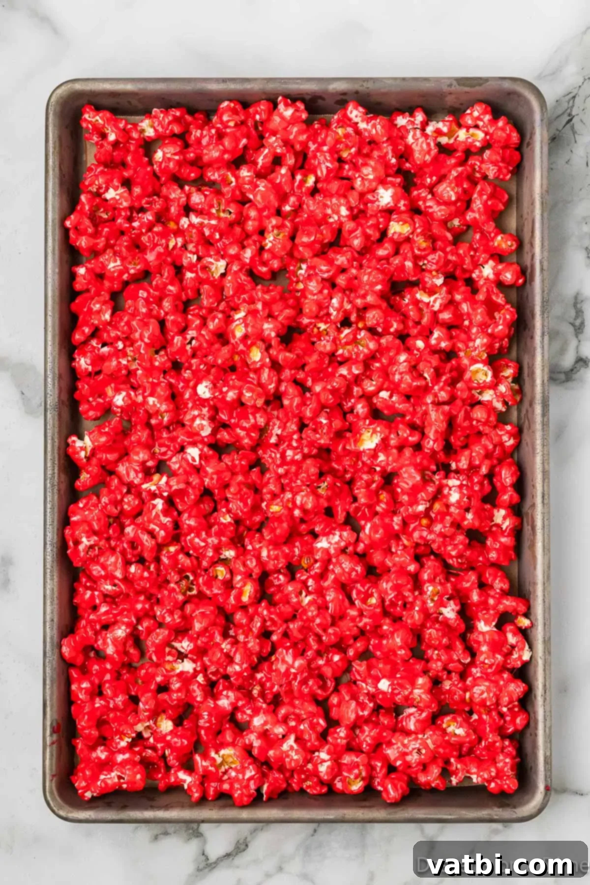 Colorful Kool-Aid Popcorn 9 Popcorn spread on baking sheet.