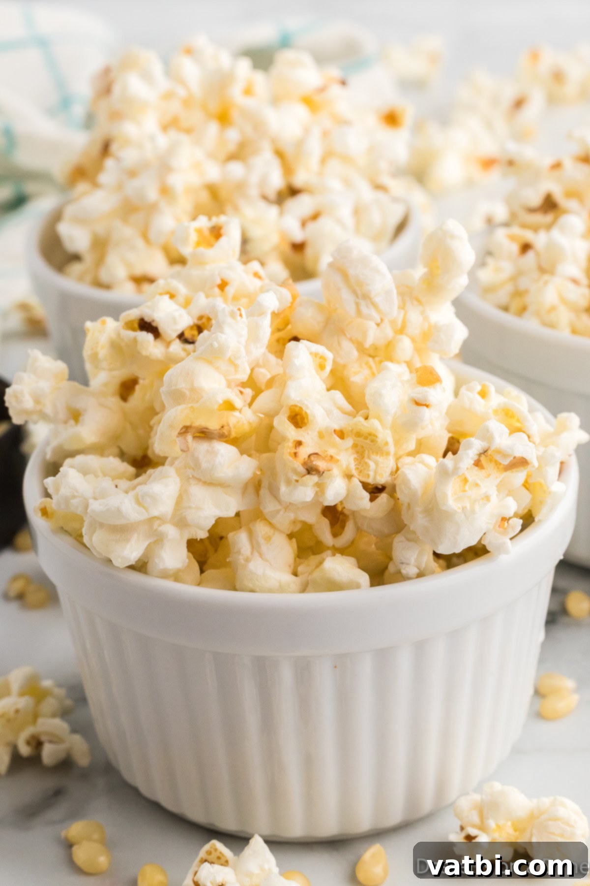 Kettle Popped Perfection 2 Freshly made kettle corn served in multiple small white bowls, ready for snacking.