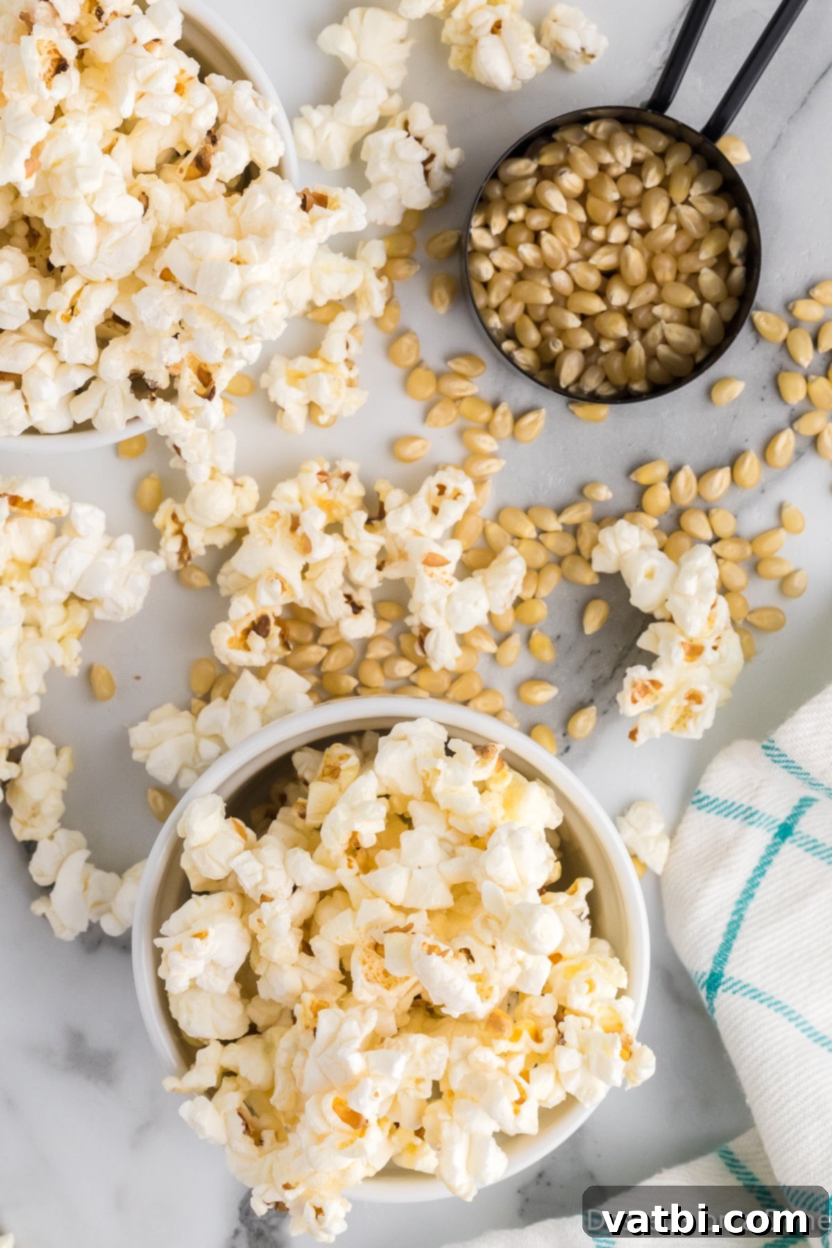 Kettle Popped Perfection 8 Side-by-side bowls showing unpopped popcorn kernels and a full bowl of fluffy, popped kettle corn.