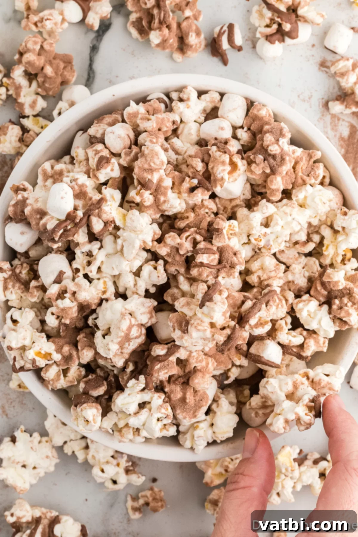 Velvet Chocolate Popcorn 2 Hot chocolate popcorn in a bowl.