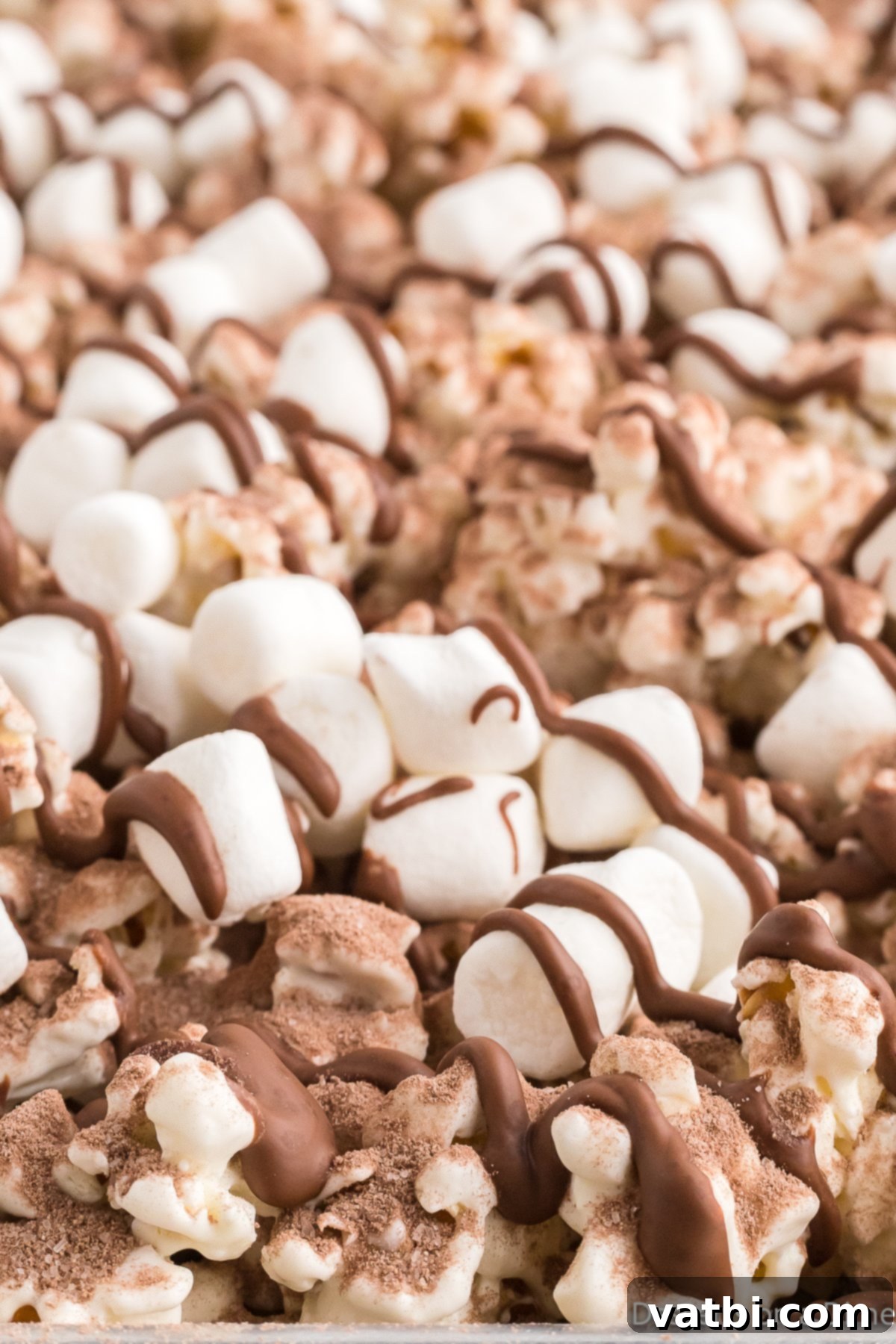 Velvet Chocolate Popcorn 10 Close up photo of Hot chocolate popcorn.