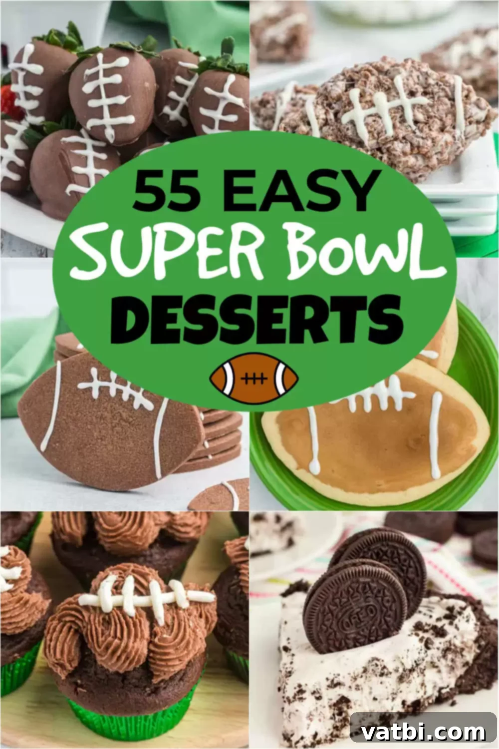 55 Winning Super Bowl Desserts 2 A vibrant display of various Super Bowl themed desserts, including football-shaped treats, chocolate cakes, and cookies, perfect for a Game Day party. Emphasizing ease and festive appeal.