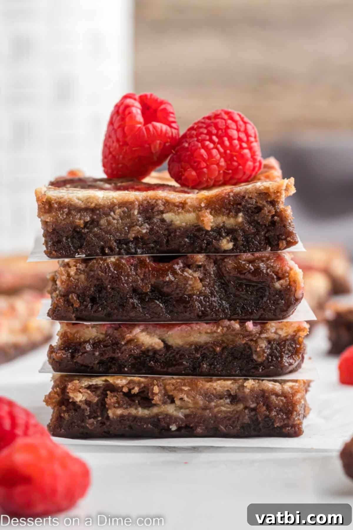 Ruby Swirl Raspberry Cheesecake Brownies 2 Raspberry Cheesecake Brownies stacked with parchment paper in between, adorned with fresh raspberries on top