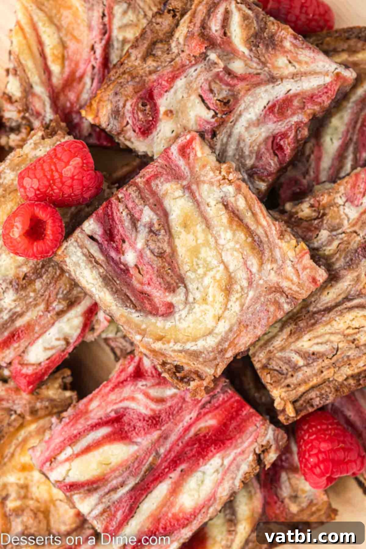 Ruby Swirl Raspberry Cheesecake Brownies 11 Stack of perfectly cut Raspberry Cheesecake Brownies, ready to be served