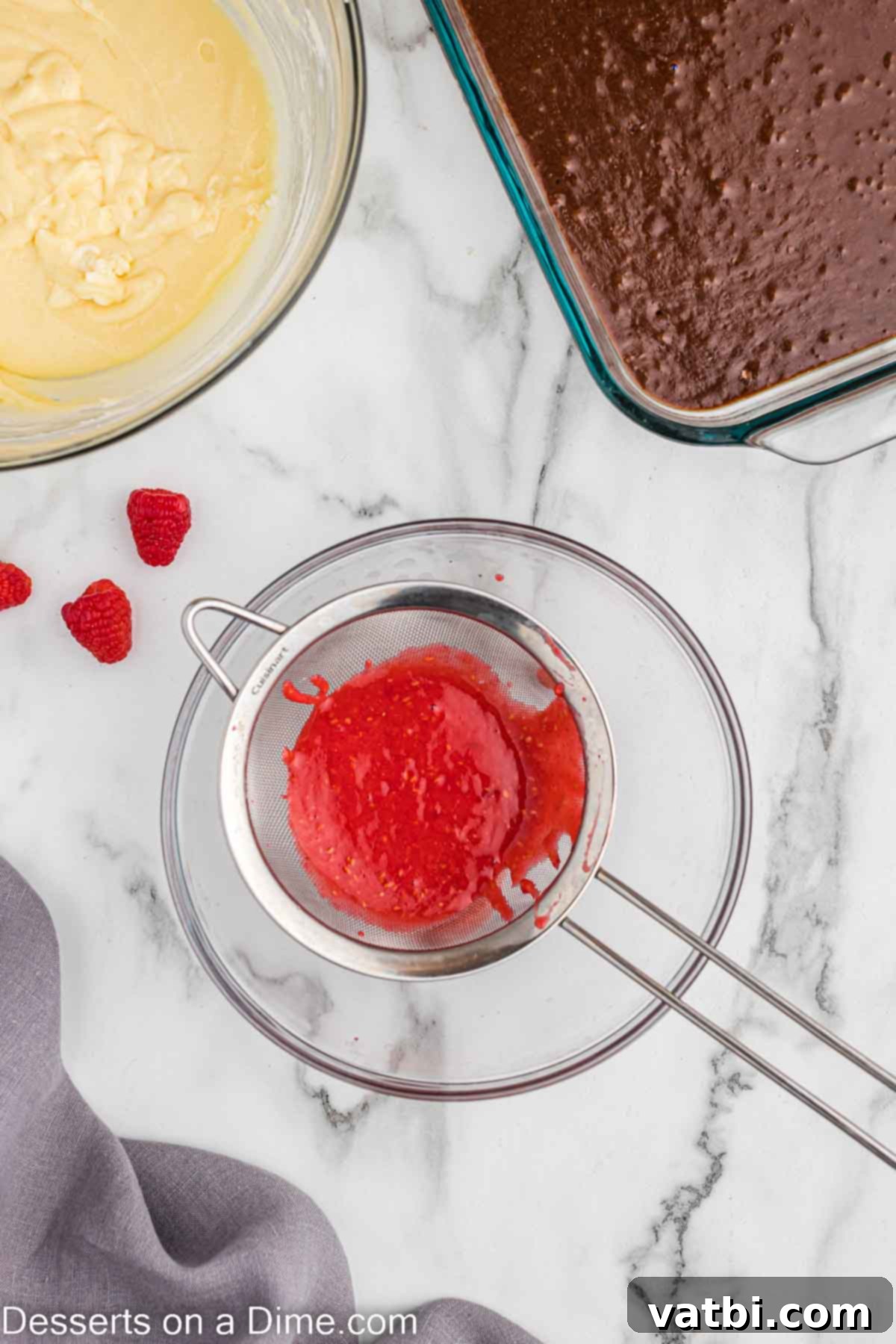 Ruby Swirl Raspberry Cheesecake Brownies 6 Straining fresh raspberry puree through a fine mesh sieve to remove seeds