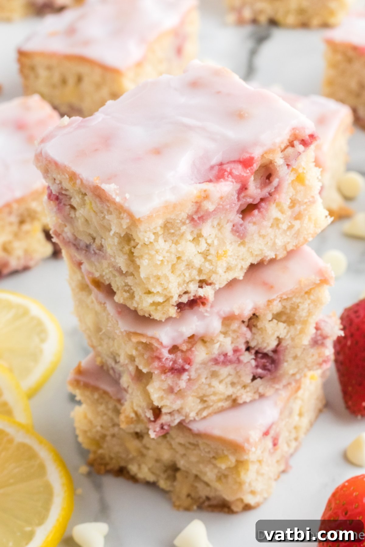 Zesty Strawberry Lemon Blondie Delight 14 A stack of delicious Strawberry Lemon Blondies, showing their thick, chewy texture and the vibrant pink strawberry glaze.
