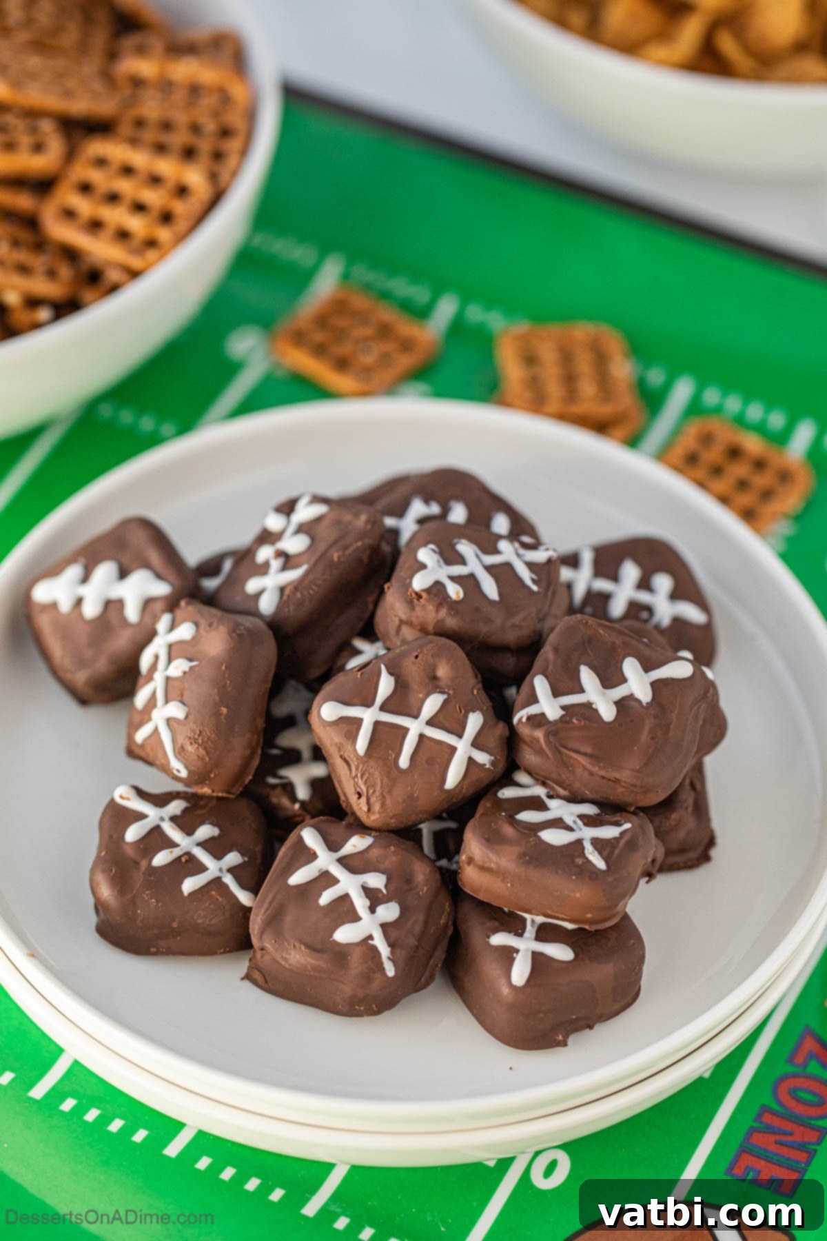 A beautiful display of Football Chocolate Covered Pretzel Cookies arranged neatly on a white platter, showcasing their delicious football design.