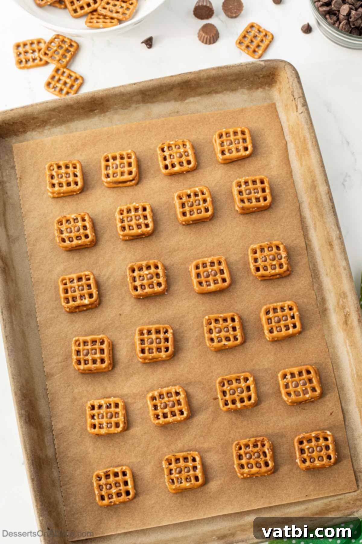 Softened peanut butter cups on pretzels, with another pretzel being placed on top to form a sandwich.