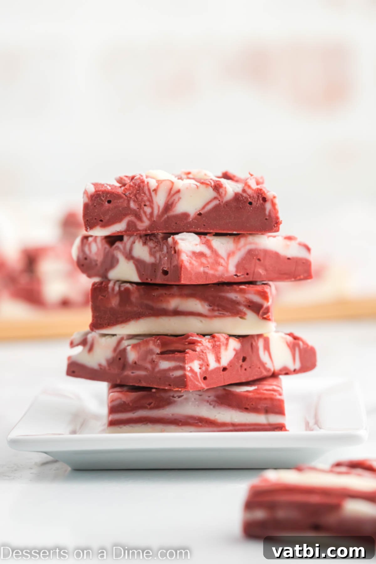Decadent Red Velvet Fudge 2 Beautifully swirled red velvet fudge squares, stacked on top of each other, showcasing their vibrant color.