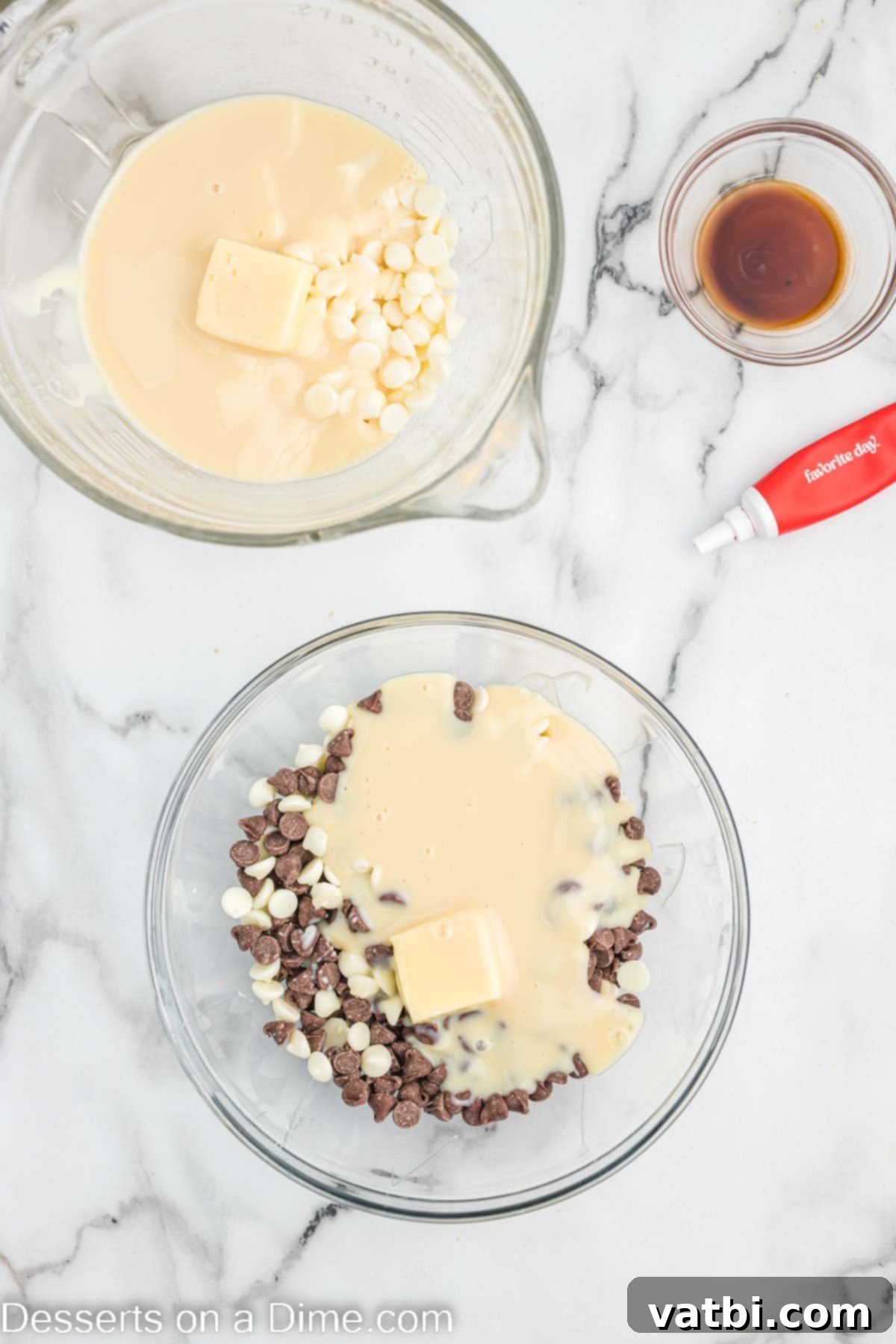 Decadent Red Velvet Fudge 4 Mixing bowl with chocolate chips, butter and sweetened condensed milk, ready for microwaving.