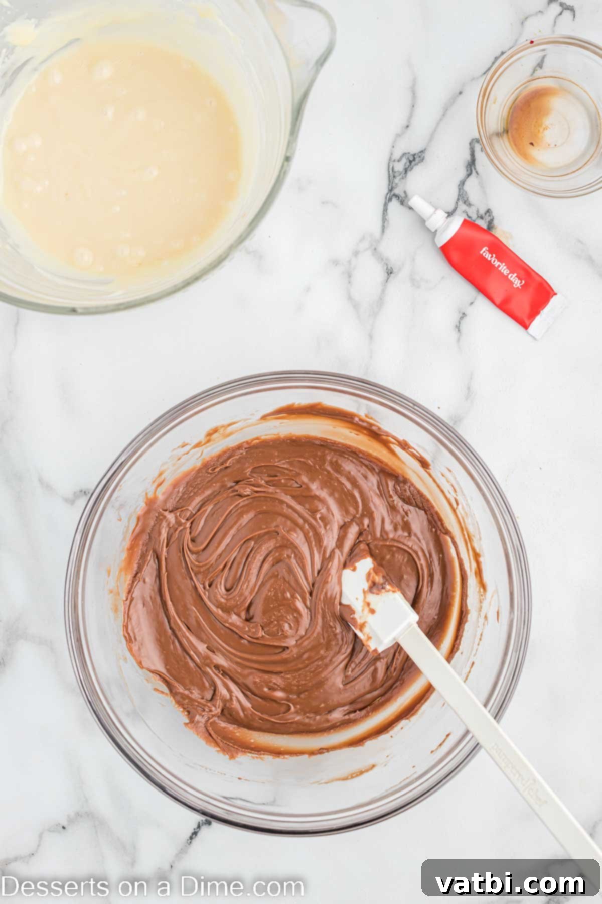 Decadent Red Velvet Fudge 5 Melted chocolate mixture in a bowl, smooth and glossy.