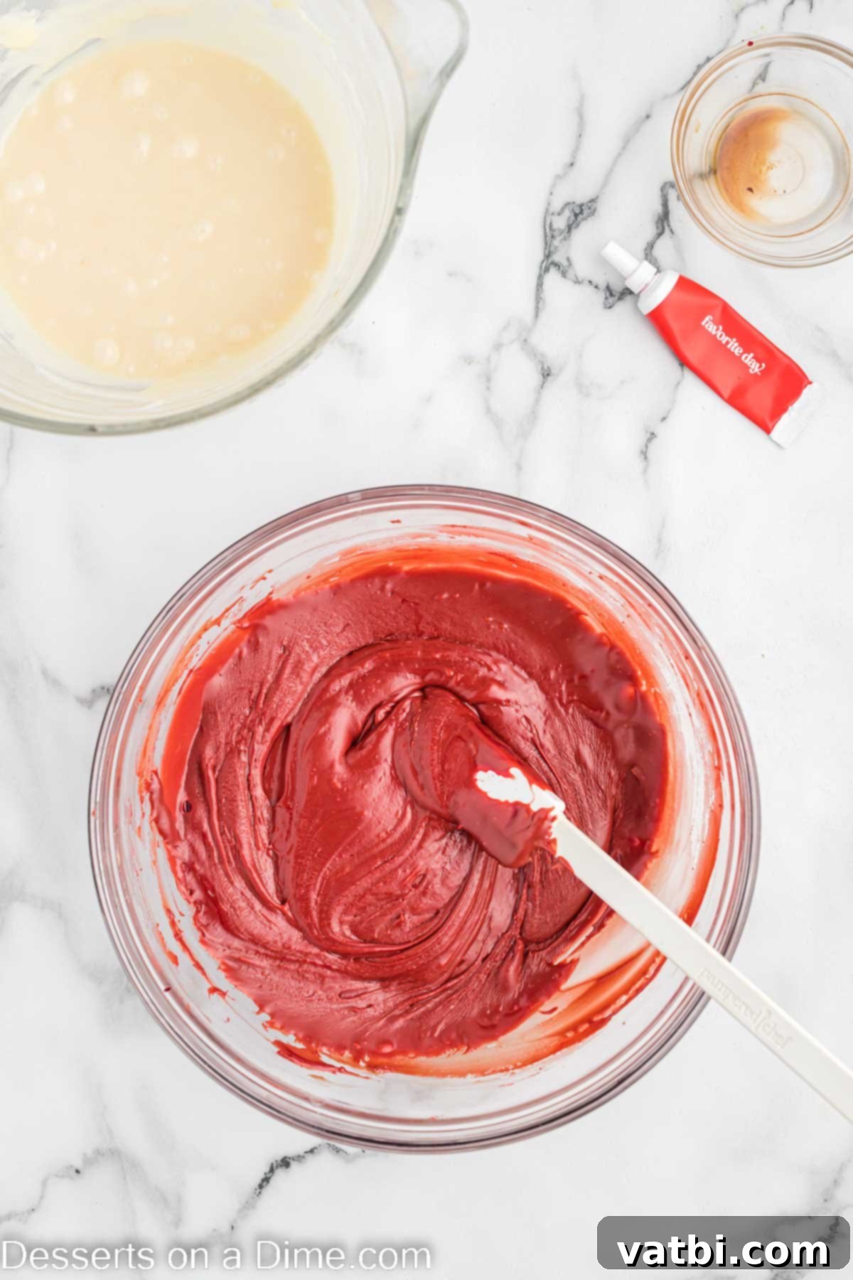Decadent Red Velvet Fudge 6 Vibrantly red food coloring mixed into one of the melted chocolate bowls, ready for pouring.