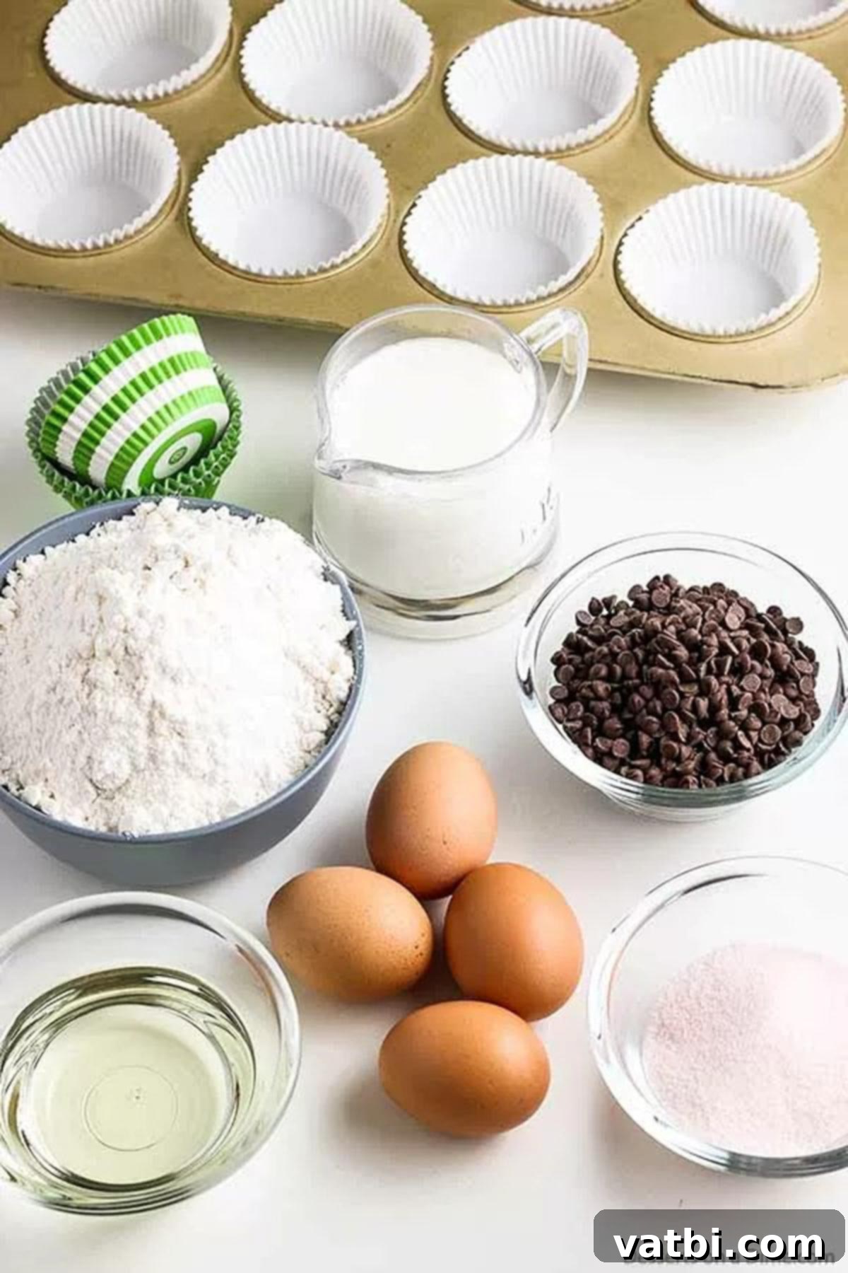 Watermelon Cupcakes Ingredients Assortment of ingredients for watermelon cupcakes: white cake mix, watermelon Jell-O, milk, oil, eggs, pink food coloring, mini chocolate chips, and frosting.