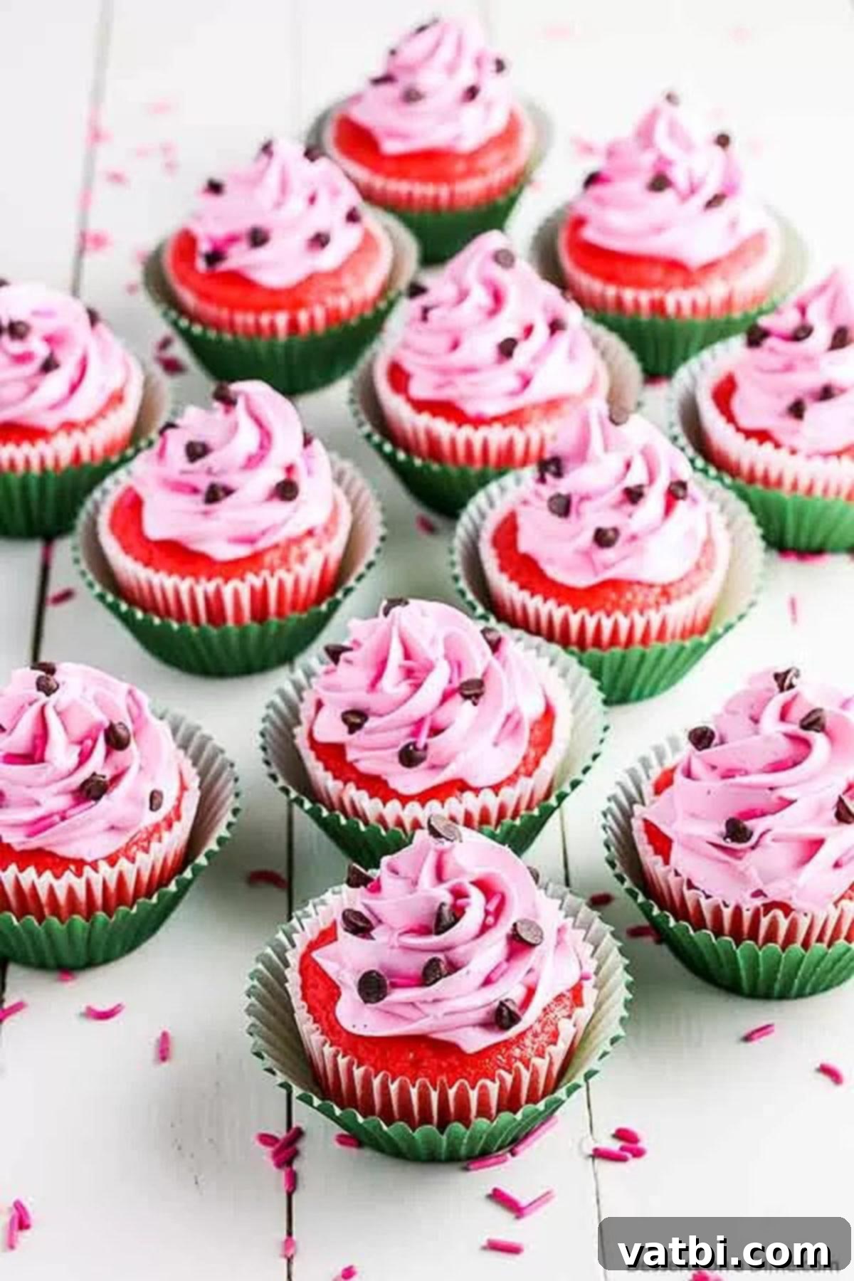 Watermelon Cupcakes with Frosting Close-up of a perfectly frosted watermelon cupcake with mini chocolate chips.