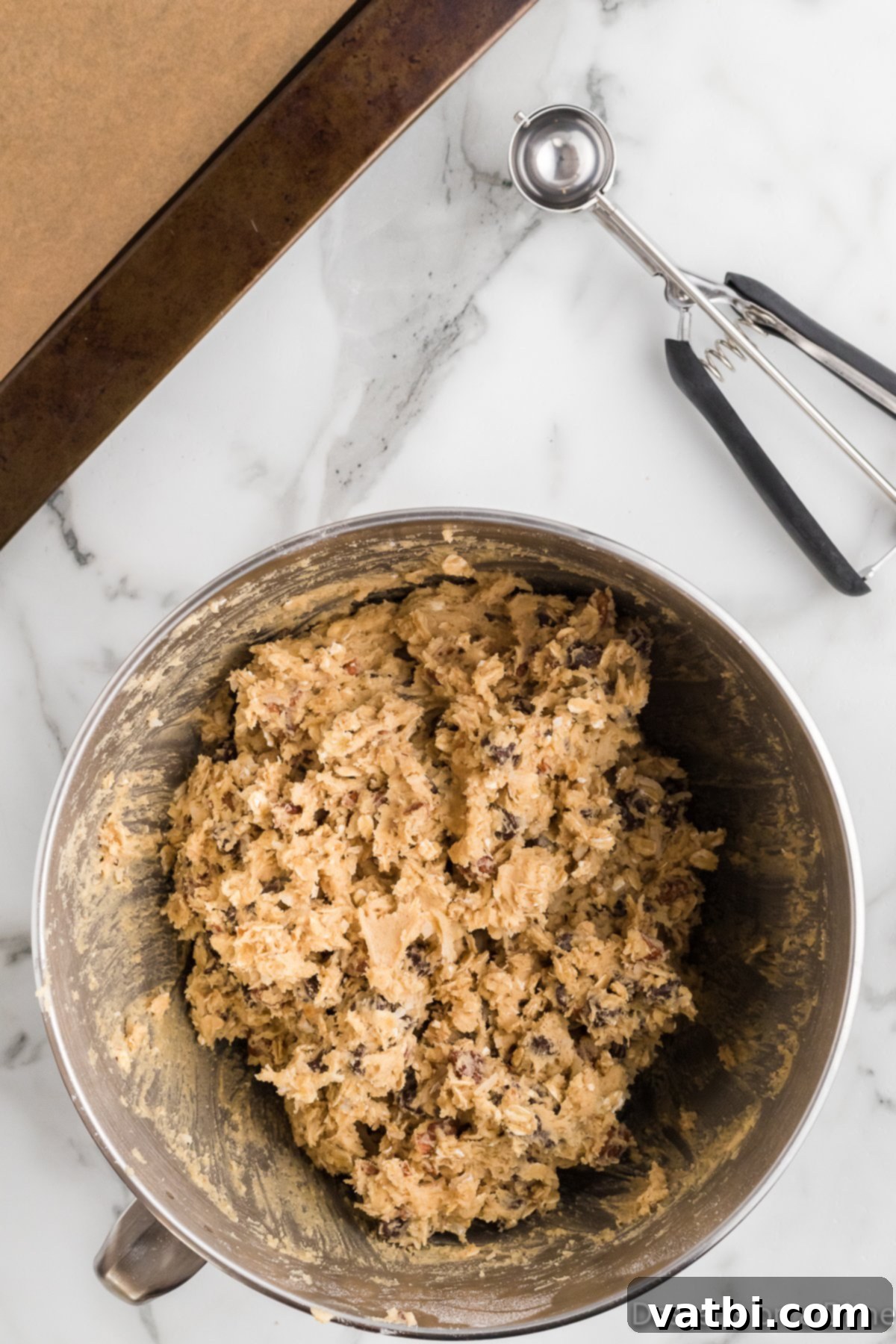 Loaded Cowboy Cookies 8 The fully blended Cowboy cookie dough with all ingredients combined.