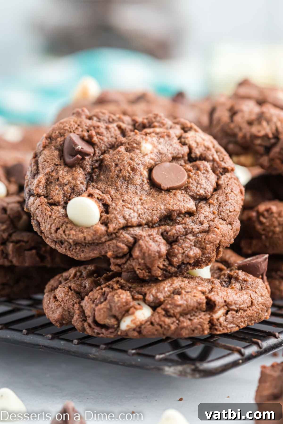 Decadent Triple Chocolate Cookies 2 Triple chocolate cookies stacked together, showcasing their rich color and chocolate chunks.
