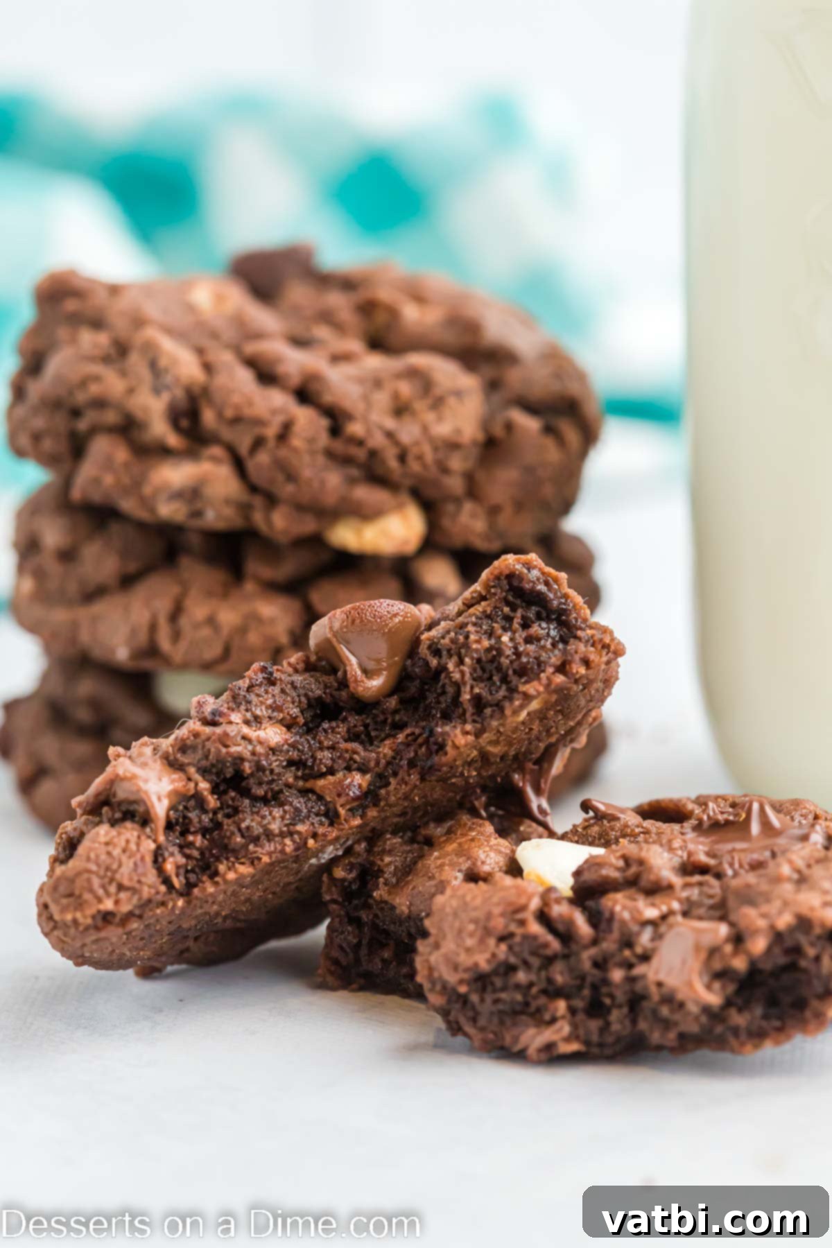 Decadent Triple Chocolate Cookies 12 Triple chocolate cookies stacked together on a white plate.