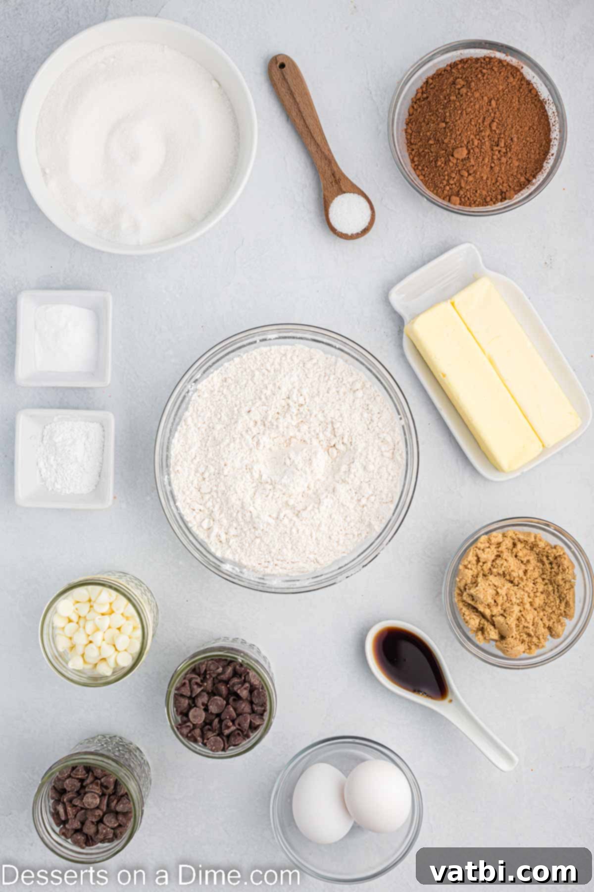Decadent Triple Chocolate Cookies 3 Ingredients for Triple chocolate cookies: softened butter, brown sugar, eggs, vanilla extract, all-purpose flour, baking soda, milk chocolate chips, white chocolate chips, and semi-sweet chocolate chips.
