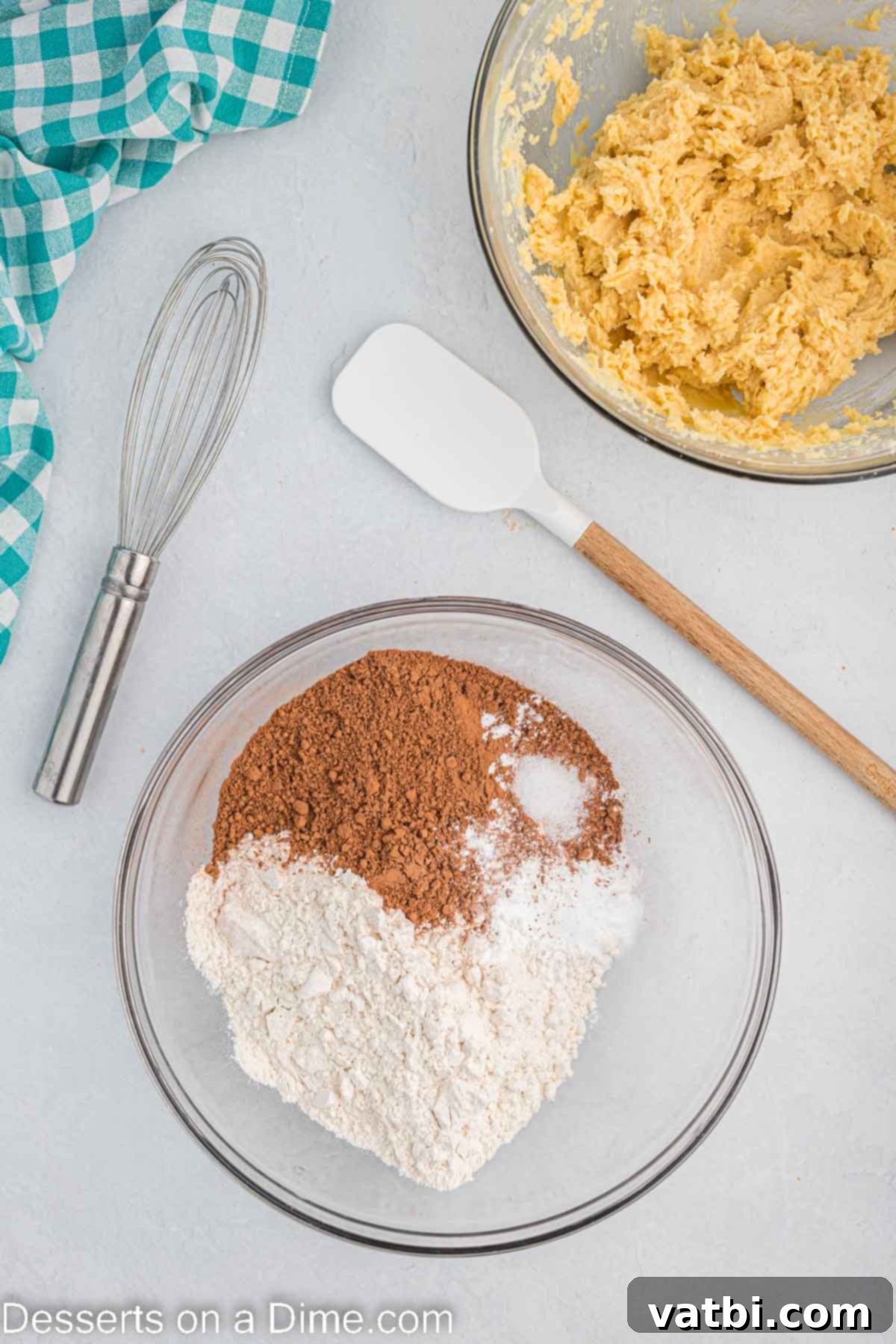 Decadent Triple Chocolate Cookies 6 Dry ingredients mixed together in a separate bowl, including flour, cocoa powder, baking soda, baking powder, and salt.