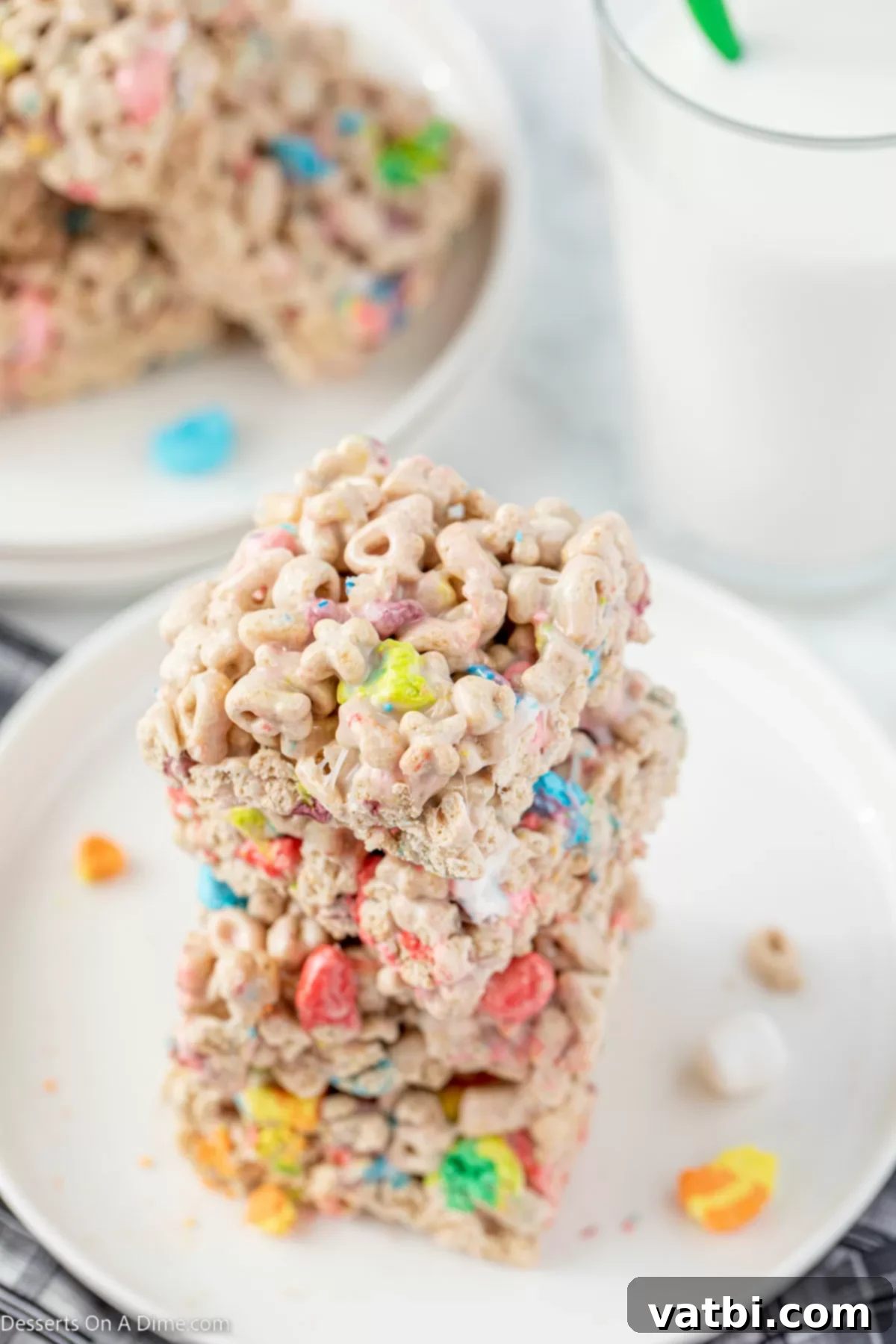 Lucky Charms Treats 2 Lucky Charm Treats cut into squares and stacked together on a serving plate.