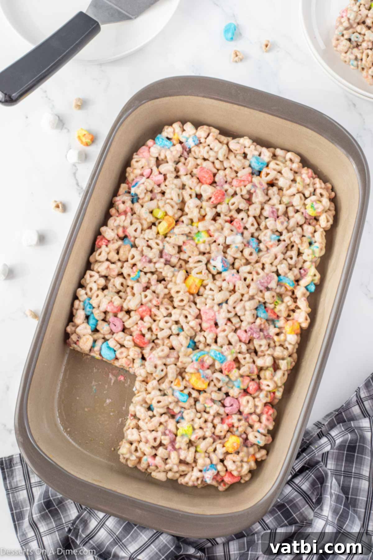 Lucky Charms Treats 7 Finished Lucky Charms Treats cut into bars and arranged for serving.