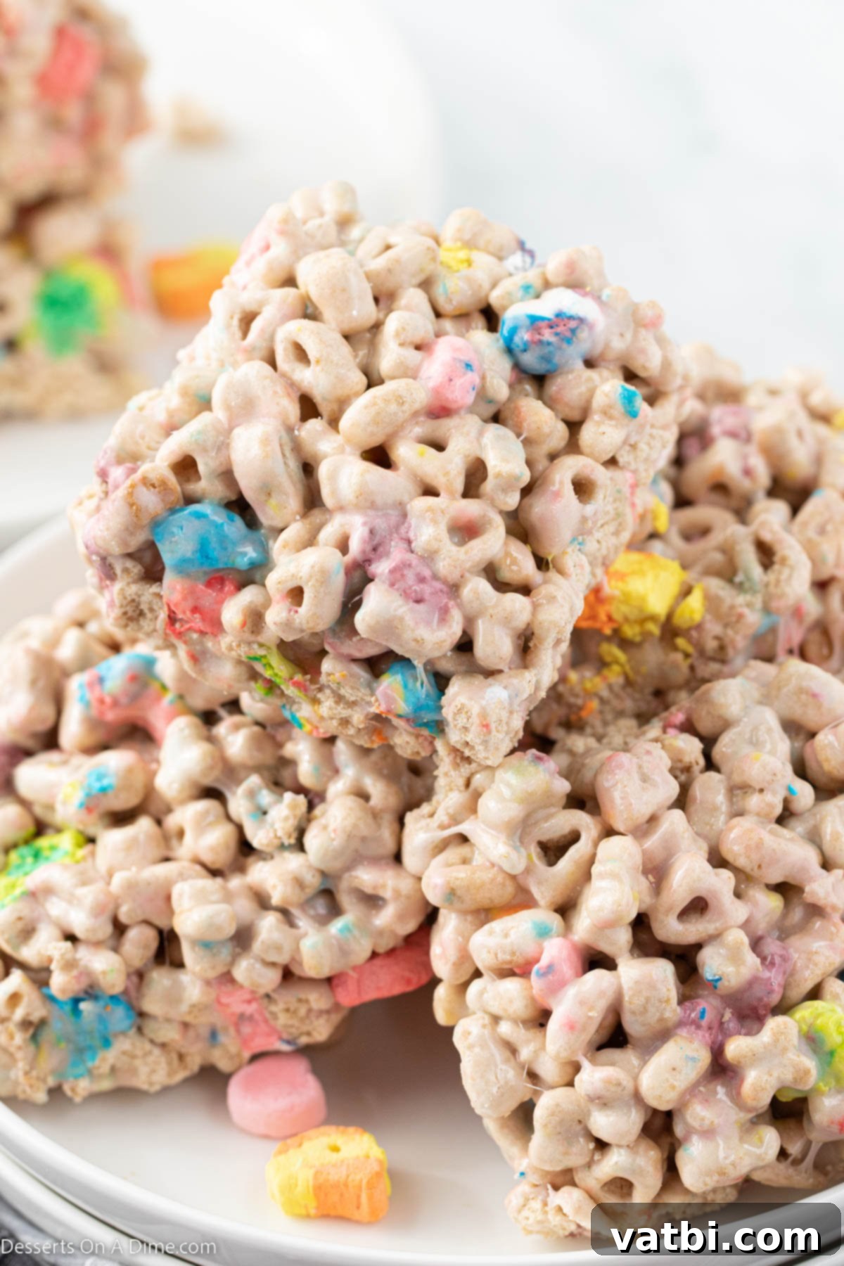 Lucky Charms Treats 8 Lucky Charm Treats freshly cut into squares and ready to be served.