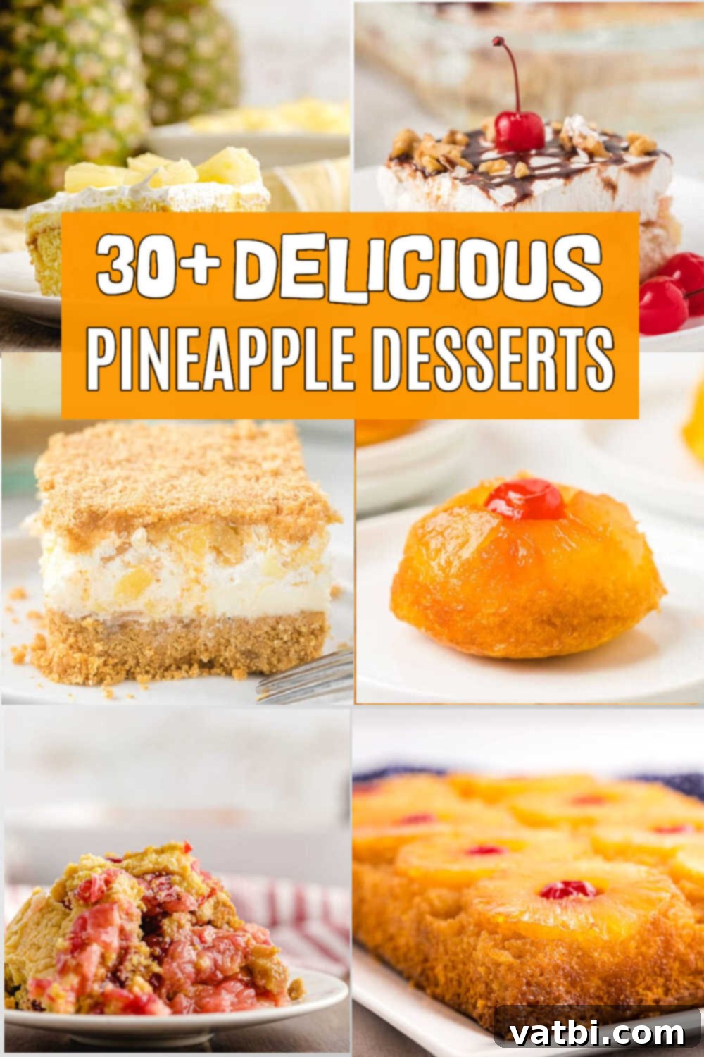 35 Tropical Pineapple Treats 2 34 easy Pineapple Dessert Recipes perfect for any occasion. Choose from no bake treats, luscious cakes, pies and more. If you love pineapple, you have to try these easy and tasty desserts. They are packed with pineapple flavor and other yummy ingredients. #dessertsonadime #pineappledesserts #easypineappledesserts