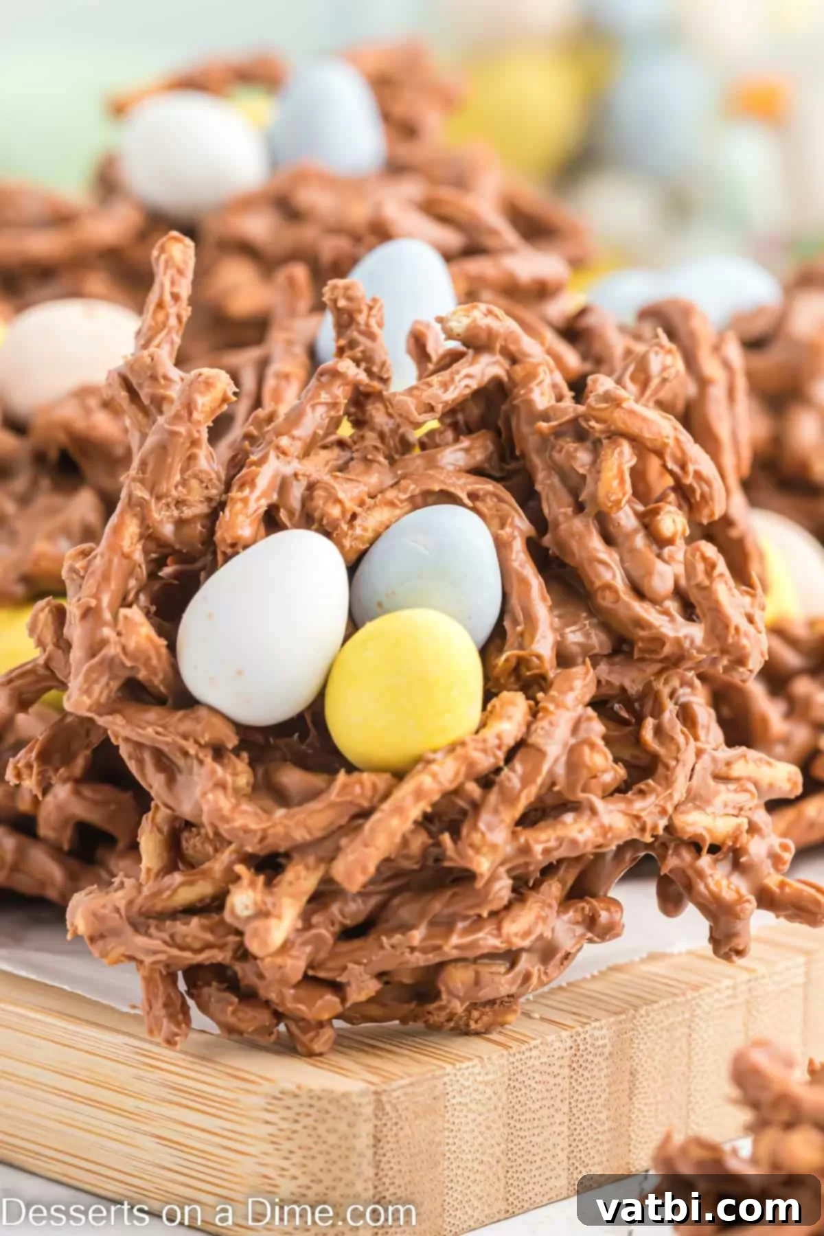 Birds nest cookies on tray.