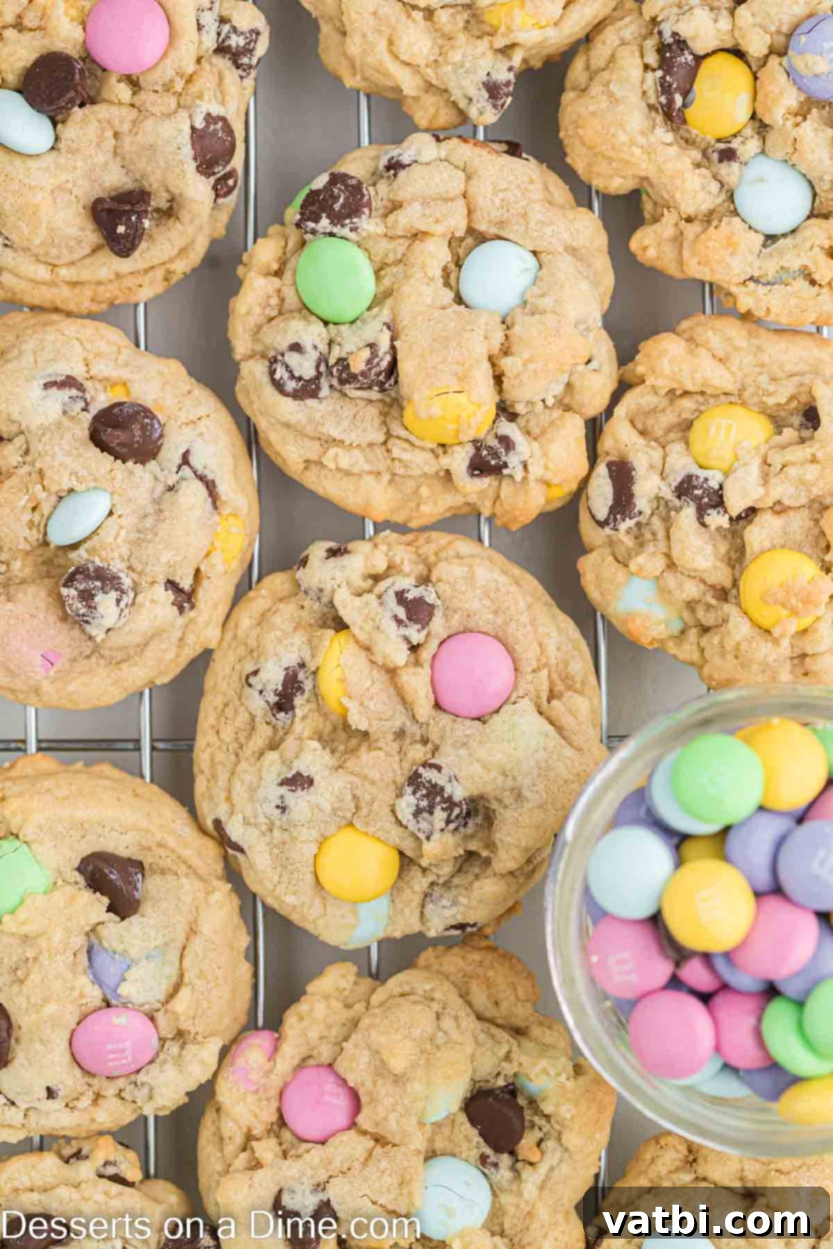 Soft and chewy Easter Chocolate Chip Cookies cooling on a wire rack, sprinkled with colorful M&M's