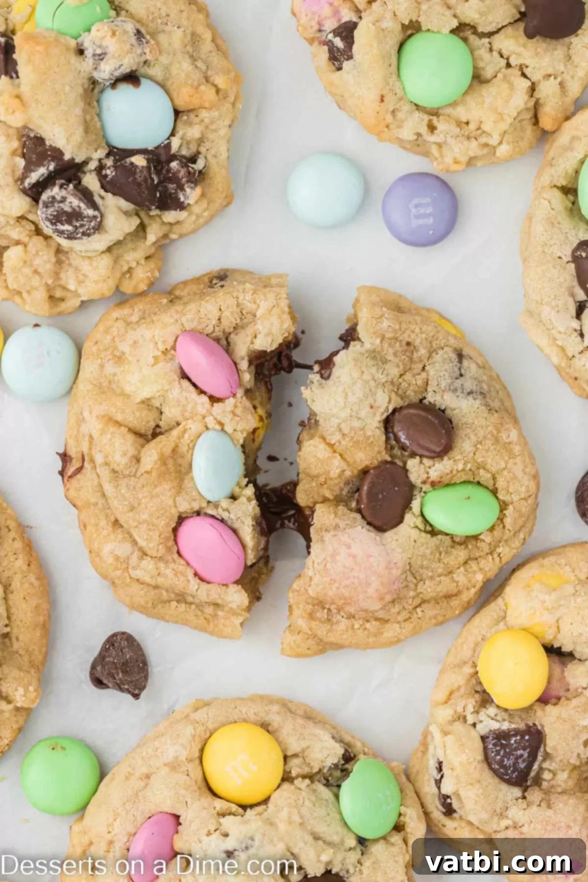 Close up of a single Easter Chocolate Chip Cookie, showing the details of the M&M's and chocolate chips.