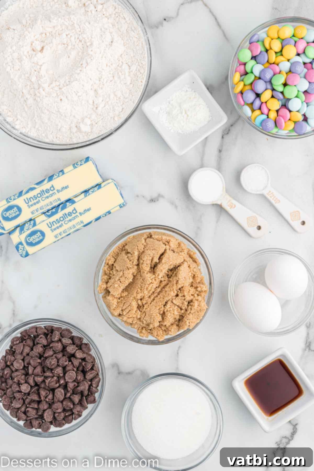 Ingredients needed for Easter Chocolate Chip Cookies: butter, sugar, brown sugar, eggs, vanilla, flour, cornstarch, baking soda, salt, chocolate chips, M&M's