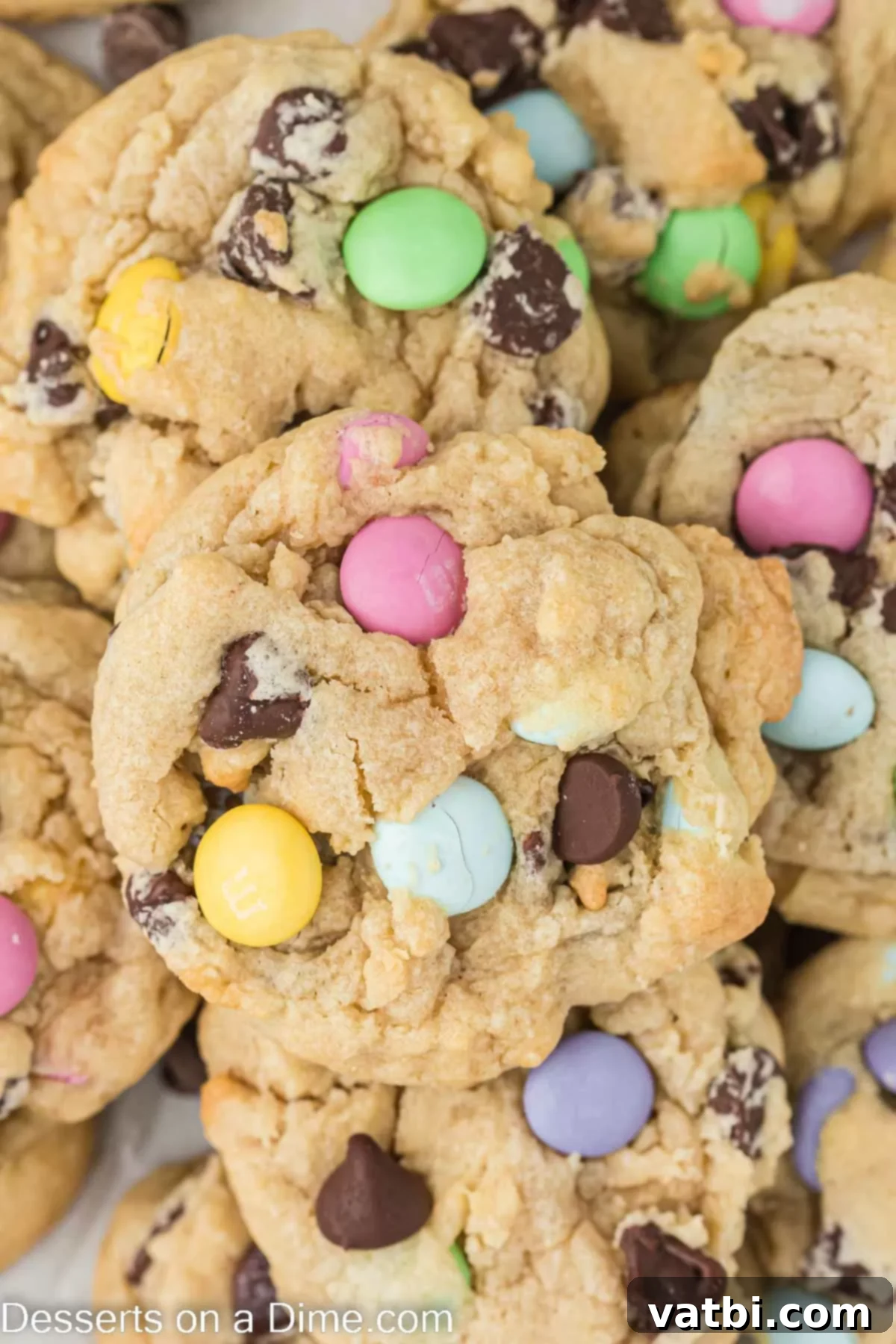 Stack of Easter Chocolate Chip Cookies showing their soft texture and colorful M&M's