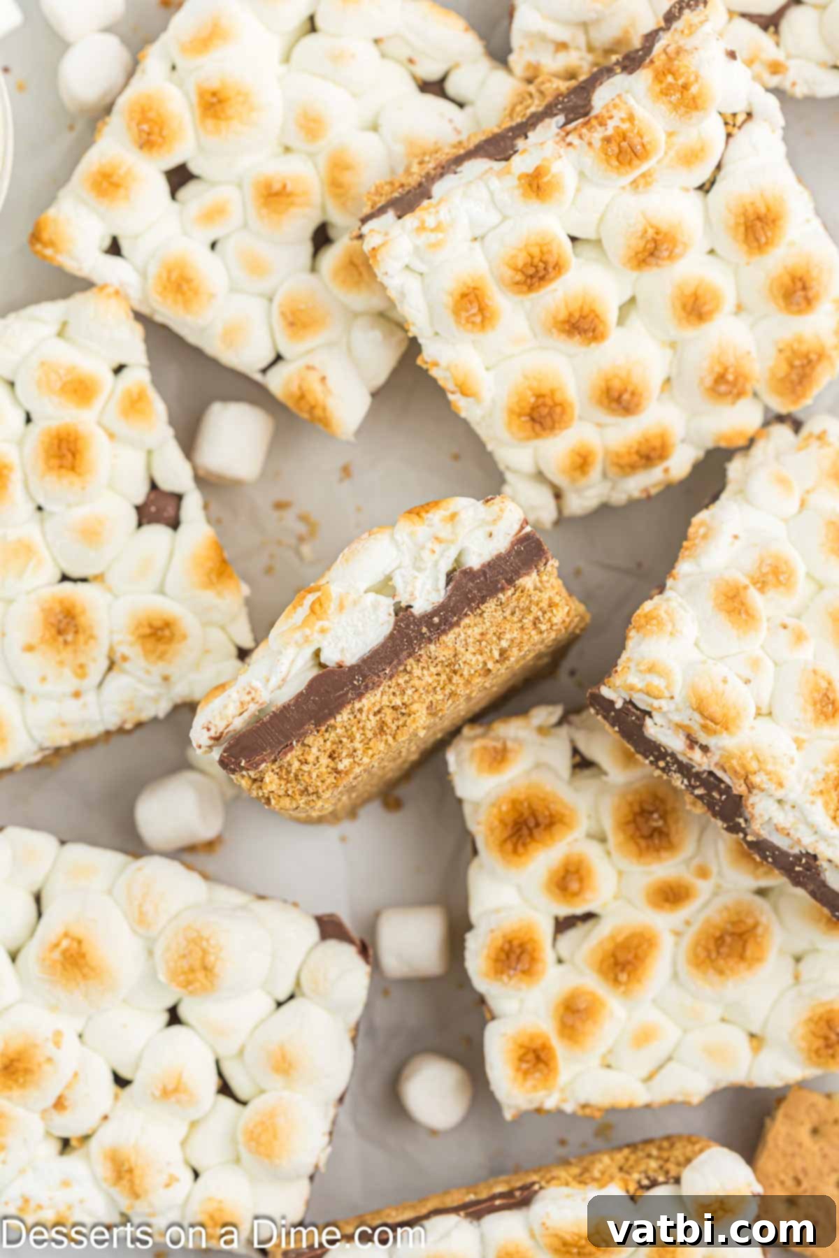 Gooey Smores Treat 2 S'mores Bars cut and ready to serve, showcasing golden marshmallows, melted chocolate, and a graham cracker base.