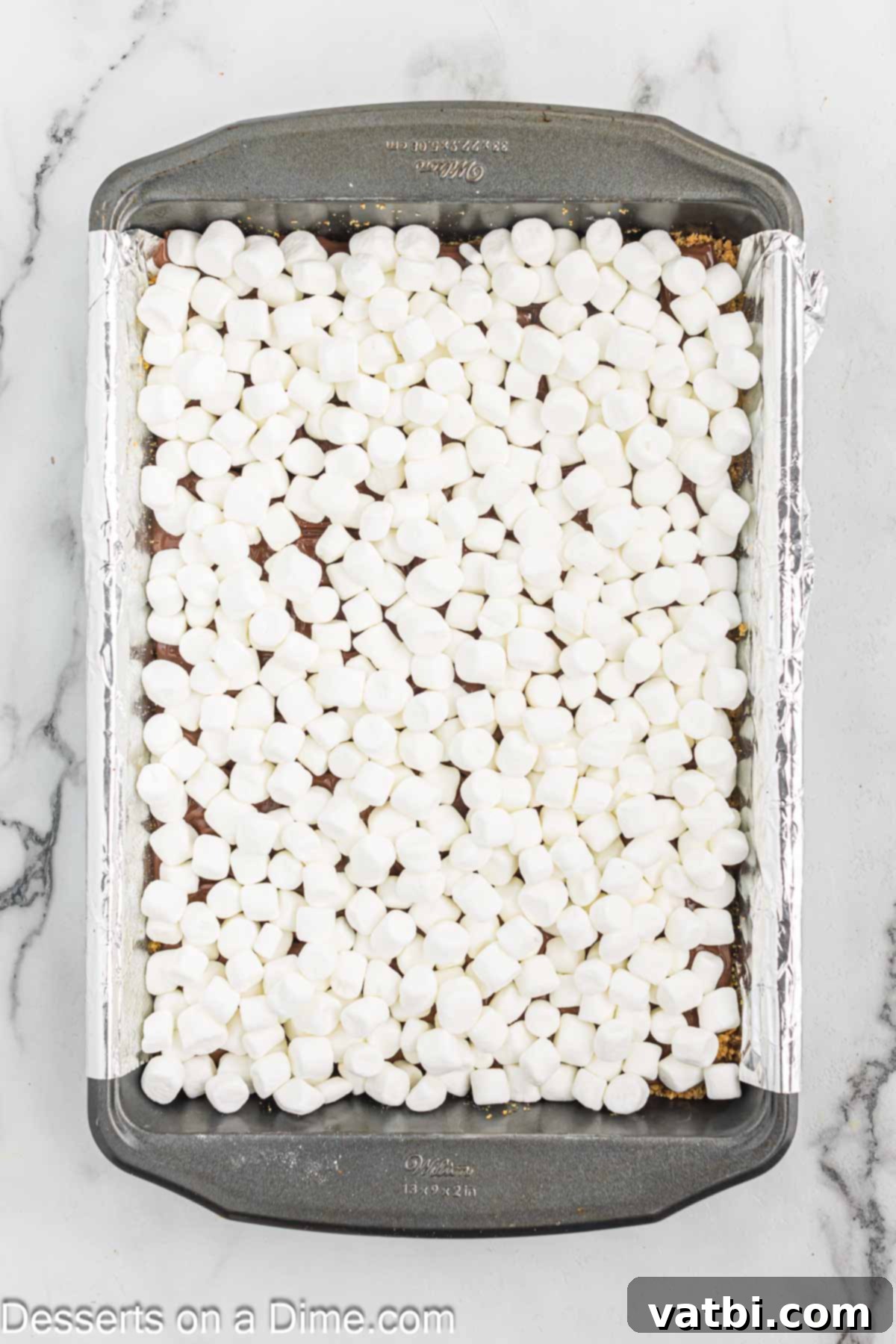 Gooey Smores Treat 7 Mini marshmallows spread evenly across the melted chocolate layer, packed closely together.