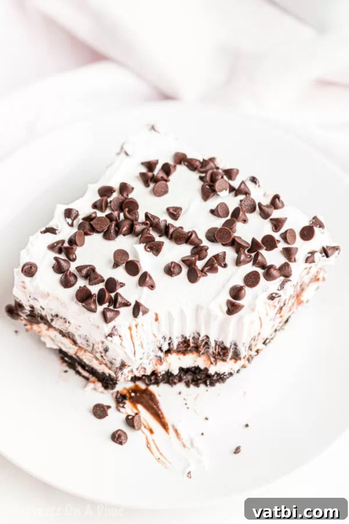 Lots of delicious layers make this Chocolate Lasagna Recipe so tasty. Oreo cookies, chocolate chips and a decadent pudding mixture make this so decadent. A square piece of chocolate lasagna on a plate, showcasing its delicious layers.